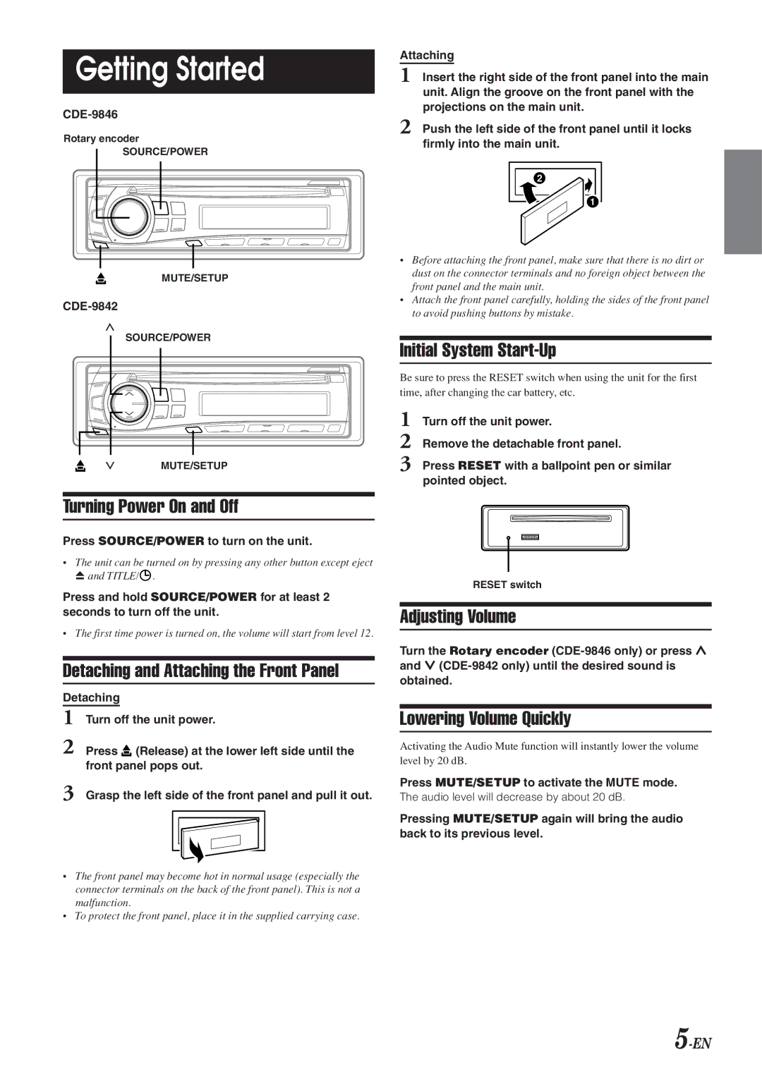 Alpine CDE-9846 owner manual Turning Power On and Off, Detaching and Attaching the Front Panel, Initial System Start-Up 