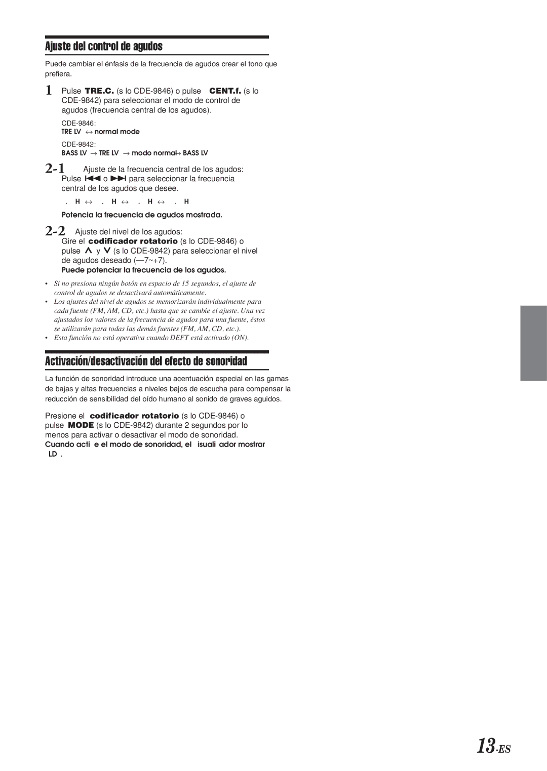 Alpine CDE-9846 owner manual Ajuste del control de agudos, Activación/desactivación del efecto de sonoridad, 13-ES 