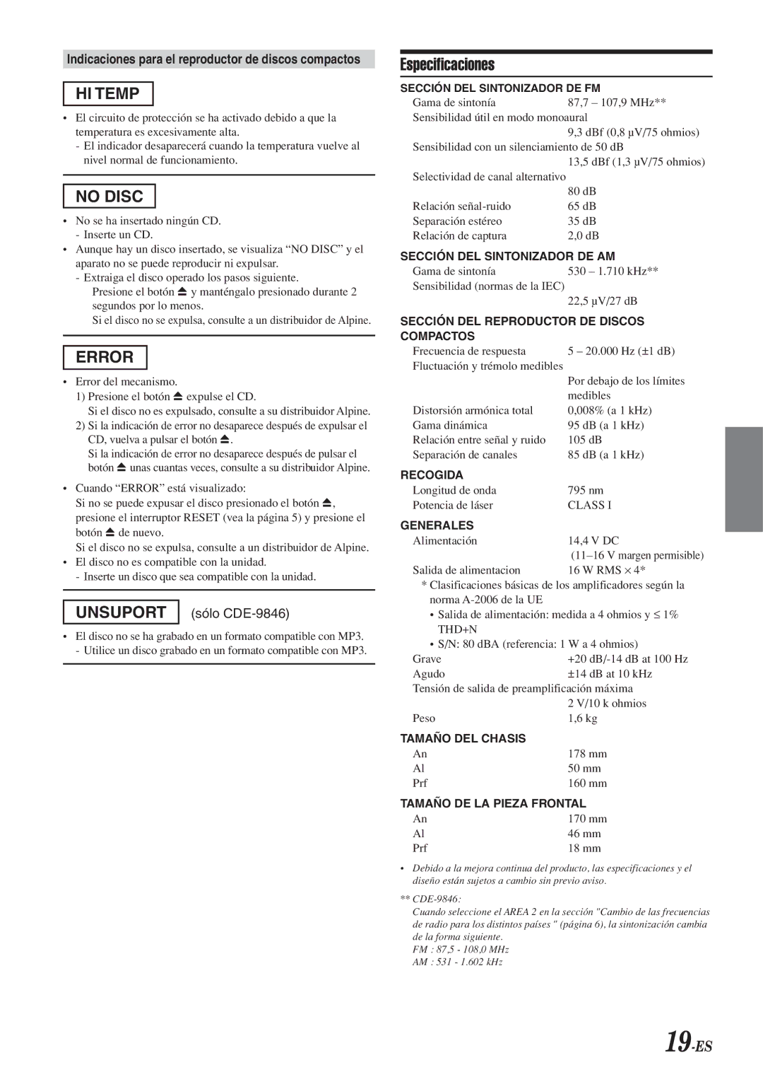 Alpine CDE-9846 owner manual Especificaciones, 19-ES, Indicaciones para el reproductor de discos compactos 