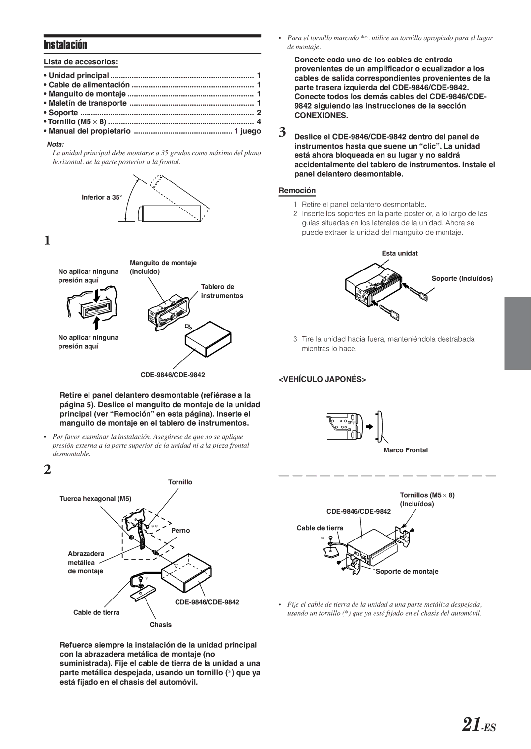 Alpine CDE-9846 owner manual 21-ES, Lista de accesorios, Nota 