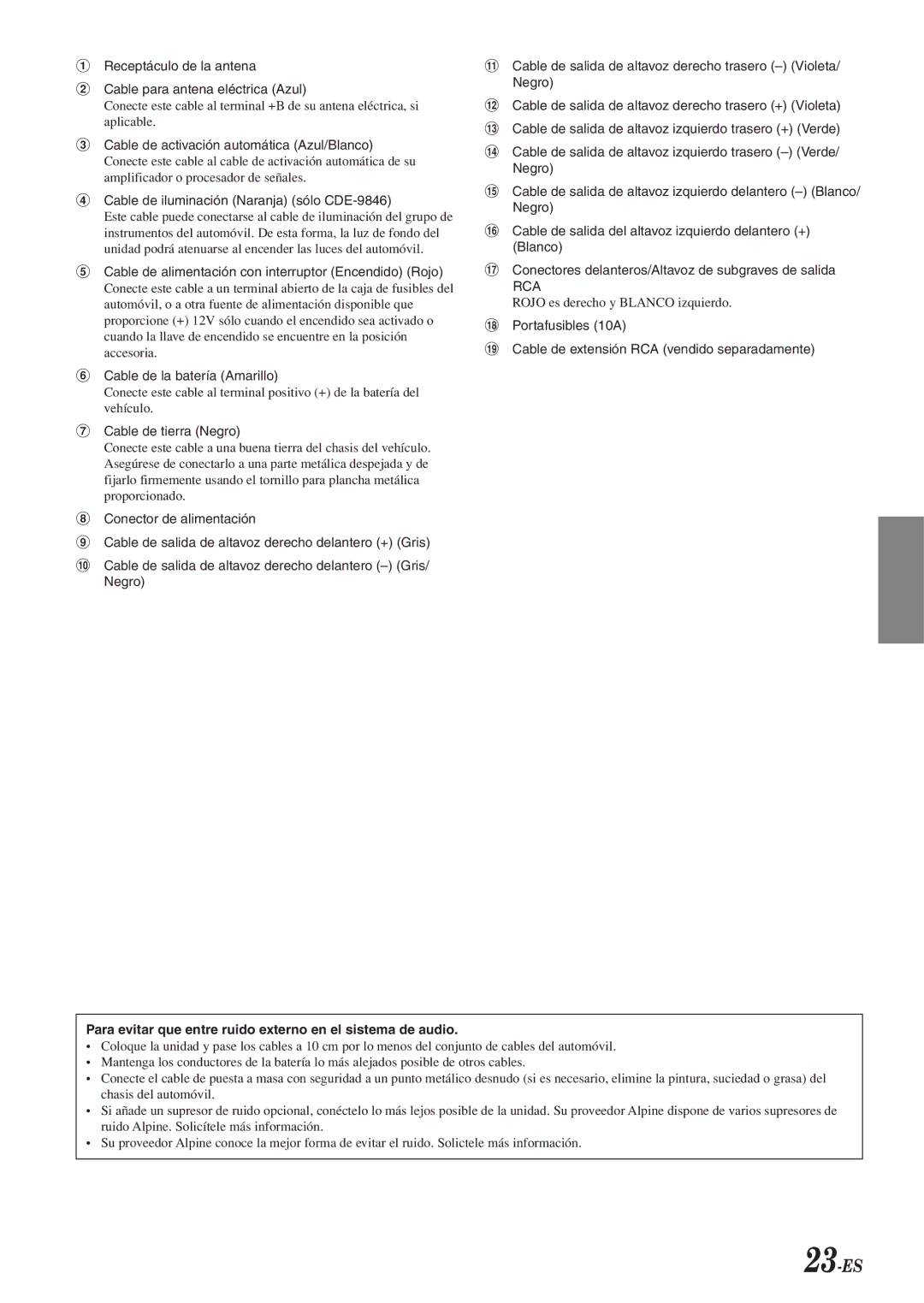 Alpine CDE-9846 owner manual 23-ES, Para evitar que entre ruido externo en el sistema de audio 