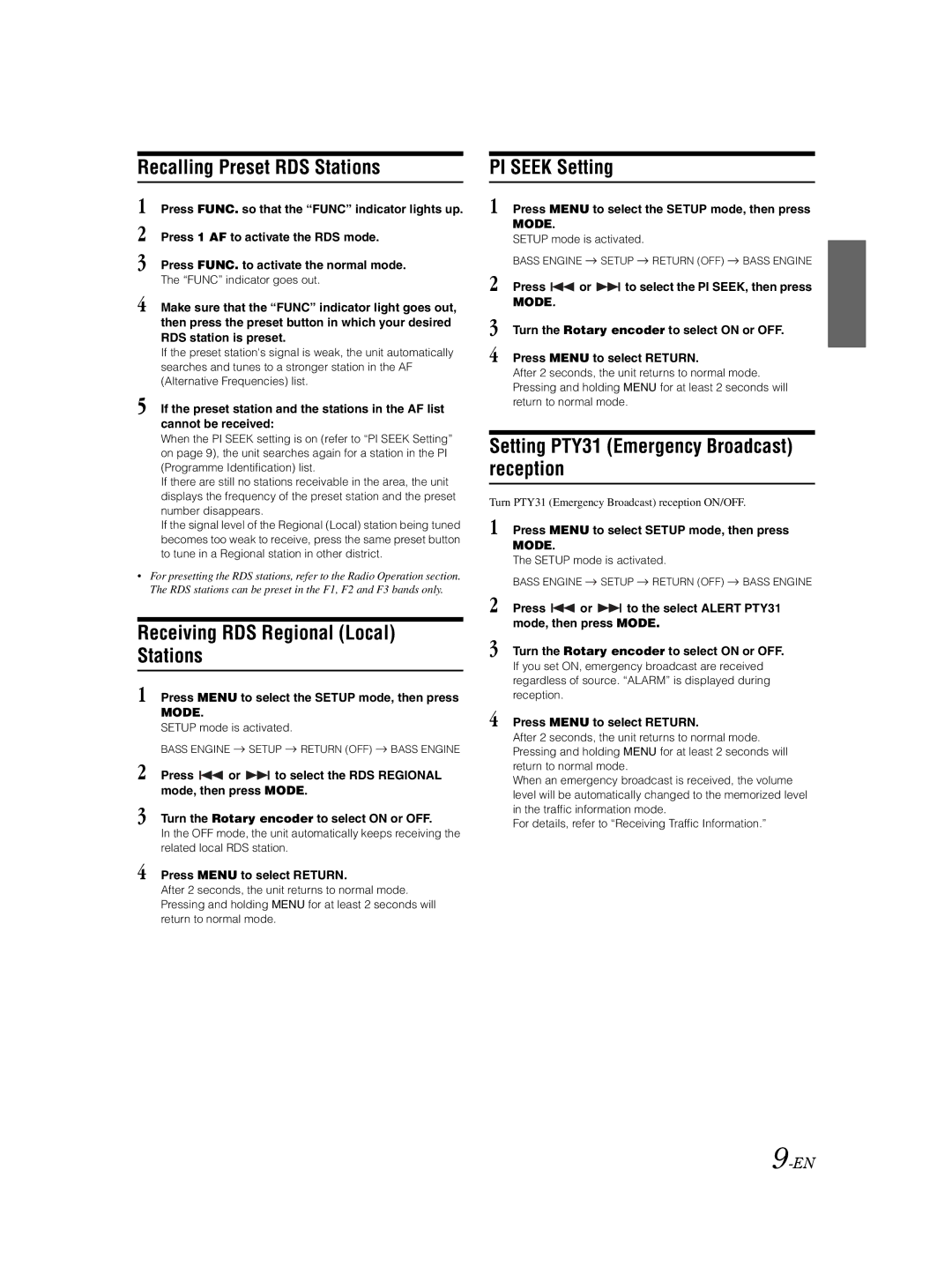 Alpine CDE-9850Ri owner manual Recalling Preset RDS Stations, Receiving RDS Regional Local Stations, PI Seek Setting 