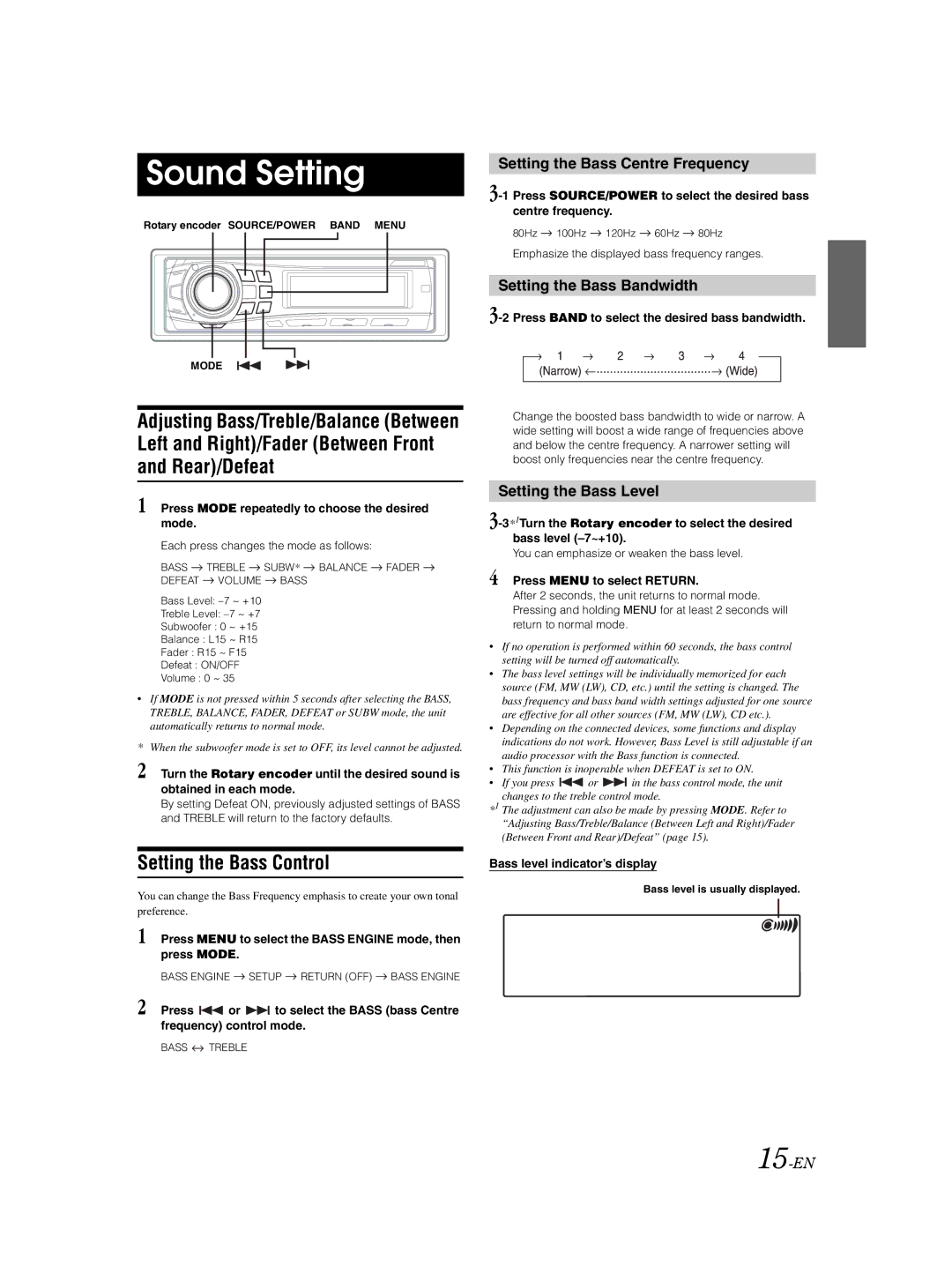 Alpine CDE-9850Ri Left and Right/Fader Between Front Rear/Defeat, Setting the Bass Control, Setting the Bass Bandwidth 