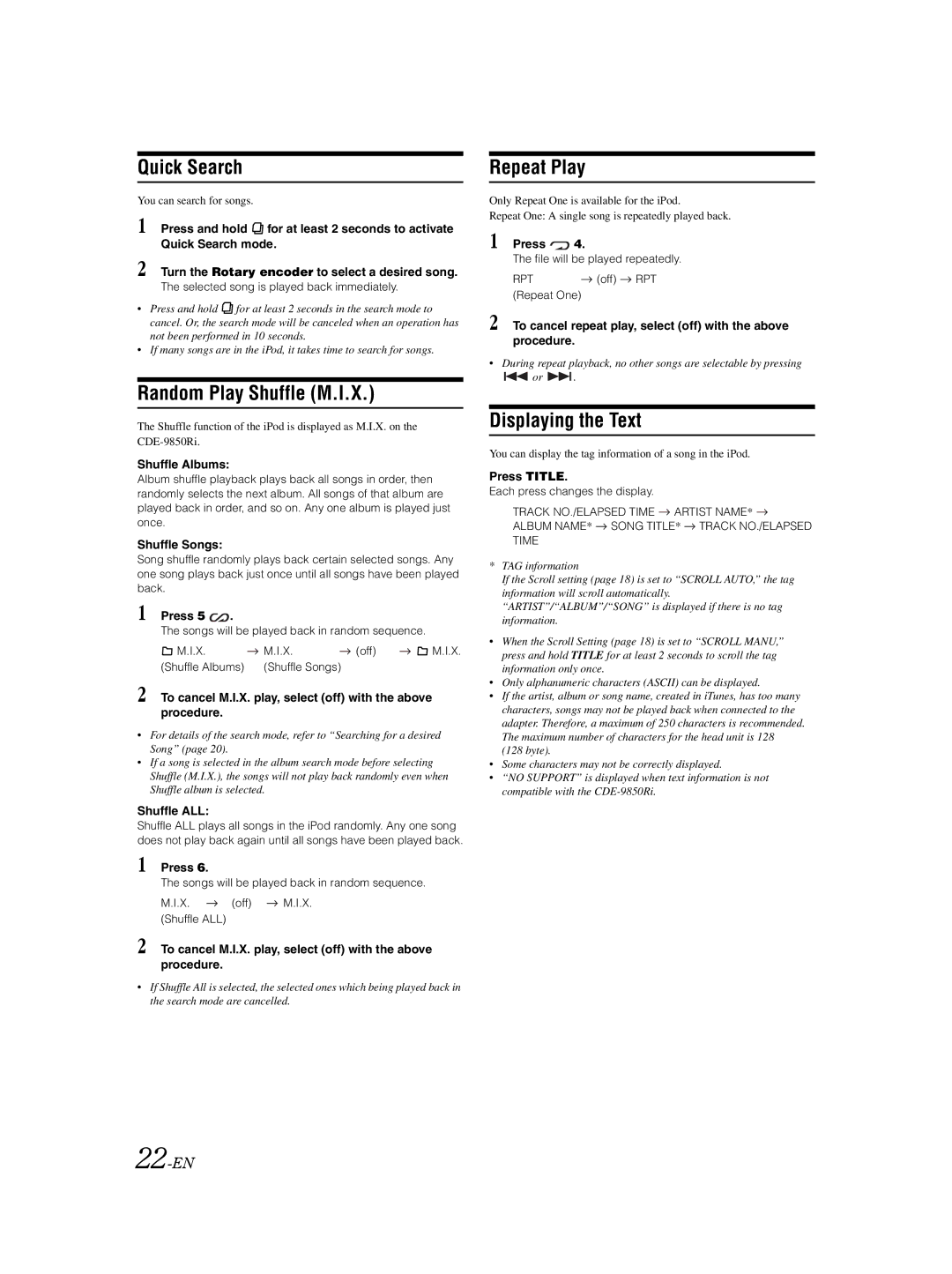 Alpine CDE-9850Ri owner manual Random Play Shuffle M.I.X, 22-EN 