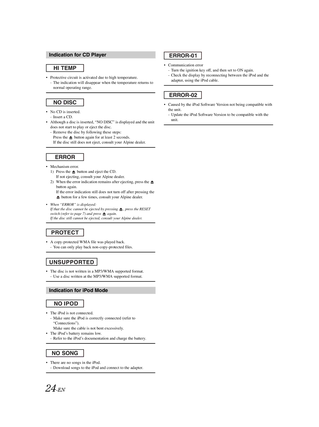 Alpine CDE-9850Ri owner manual Indication for CD Player, Indication for iPod Mode, 24-EN 