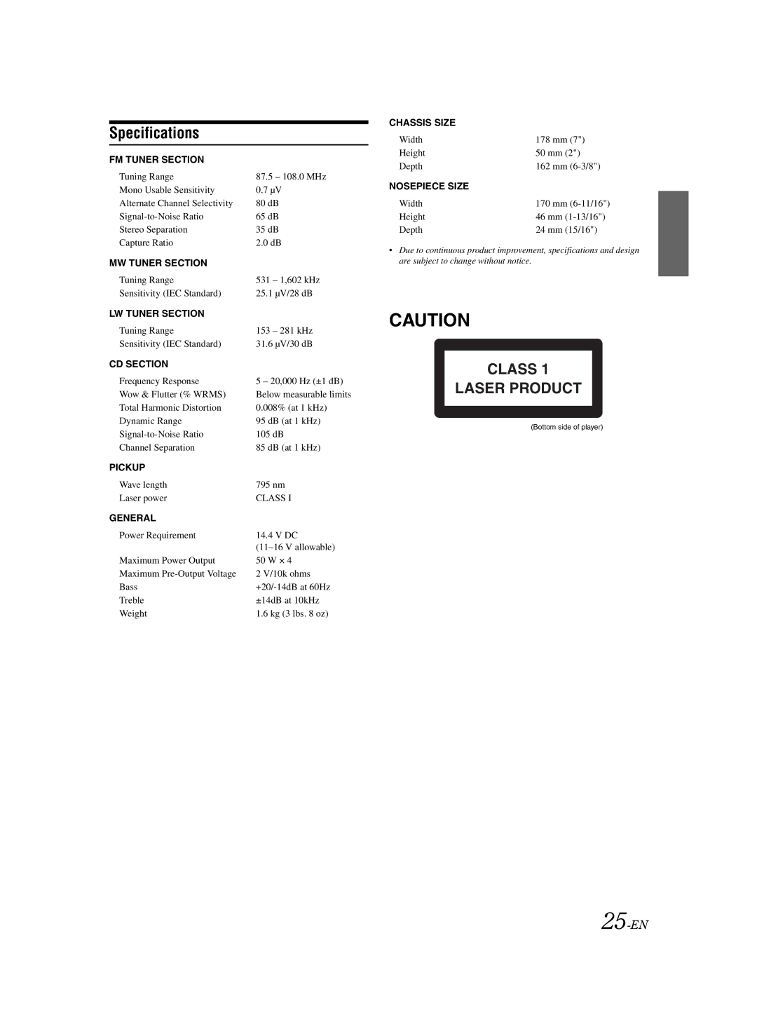 Alpine CDE-9850Ri owner manual Specifications, 25-EN 