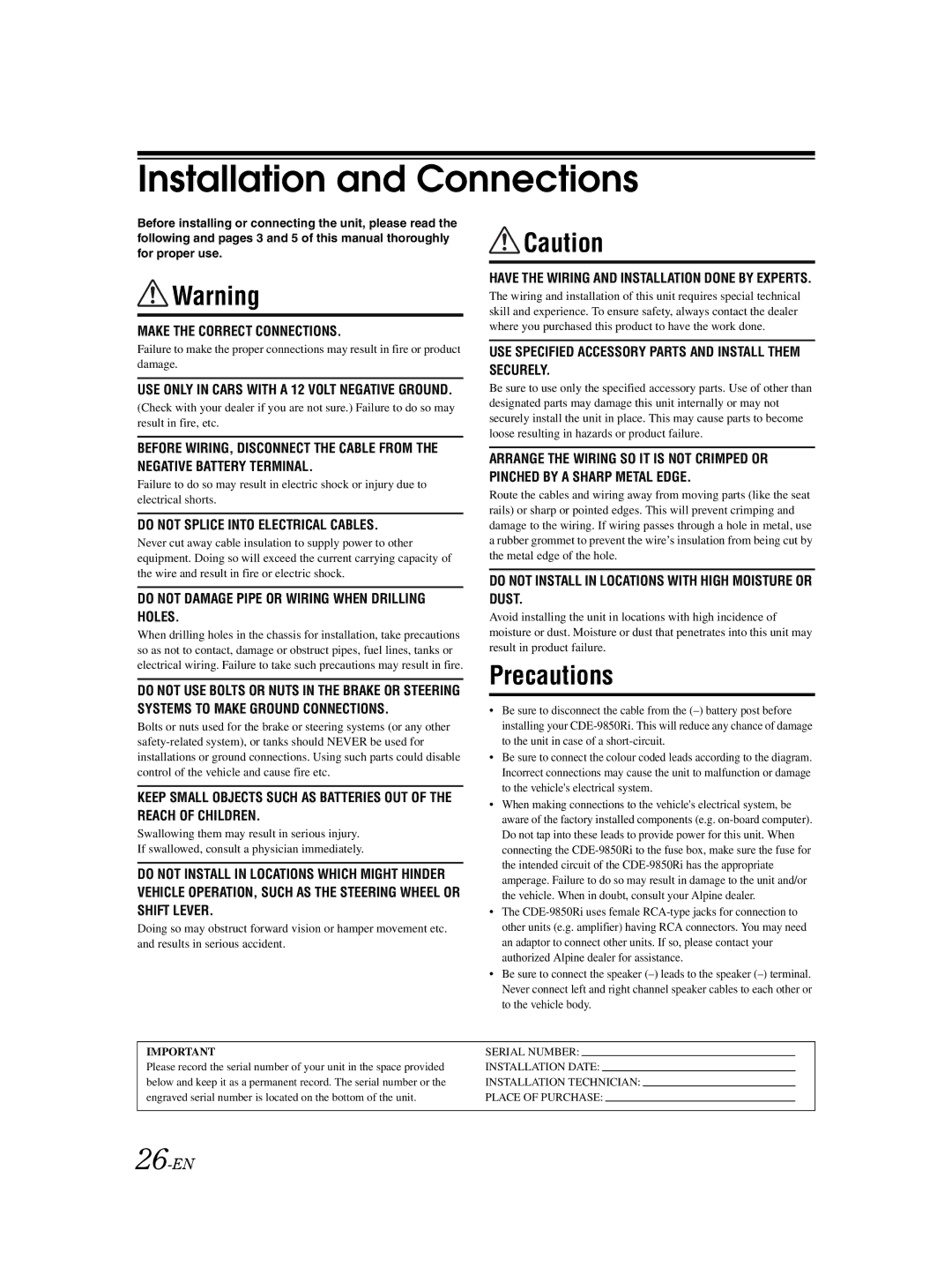 Alpine CDE-9850Ri owner manual Installation and Connections, 26-EN 