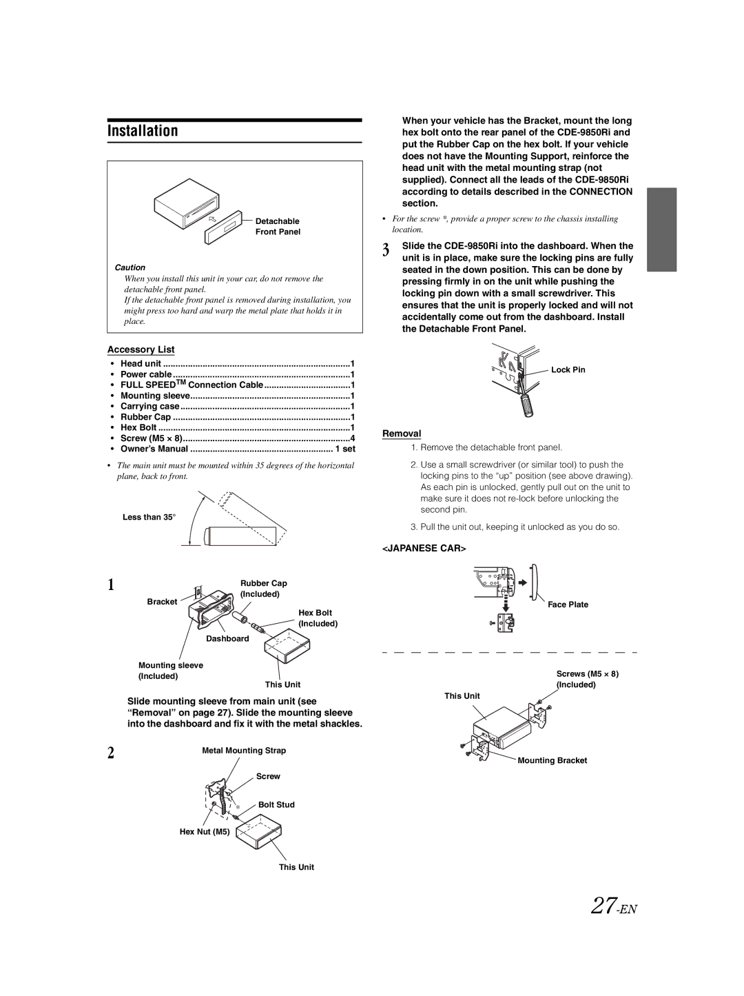 Alpine CDE-9850Ri owner manual Installation, 27-EN, Accessory List, Removal 