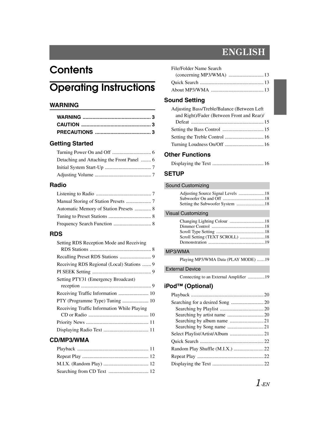 Alpine CDE-9850Ri owner manual Contents Operating Instructions 