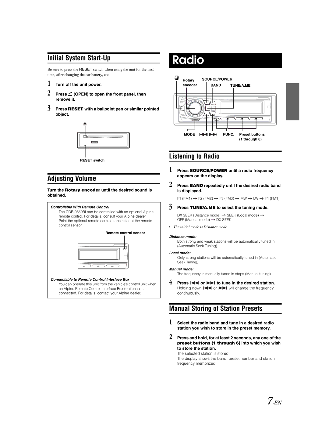 Alpine CDE-9850Ri owner manual Radio 