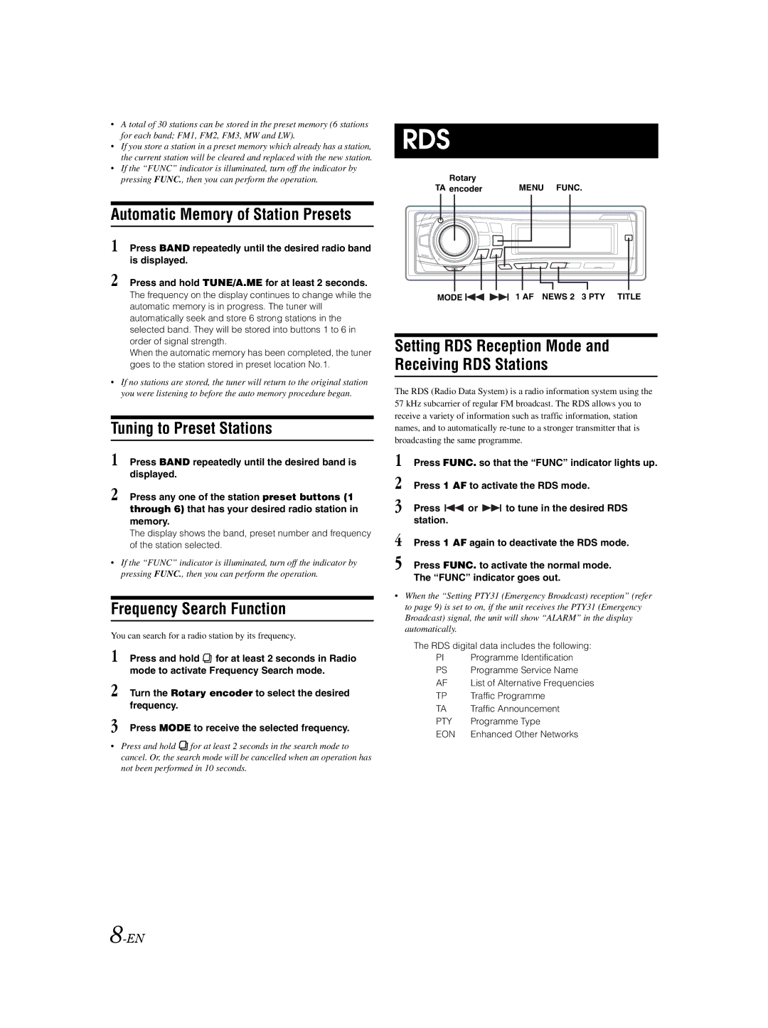 Alpine CDE-9850Ri owner manual Automatic Memory of Station Presets, Tuning to Preset Stations, Frequency Search Function 