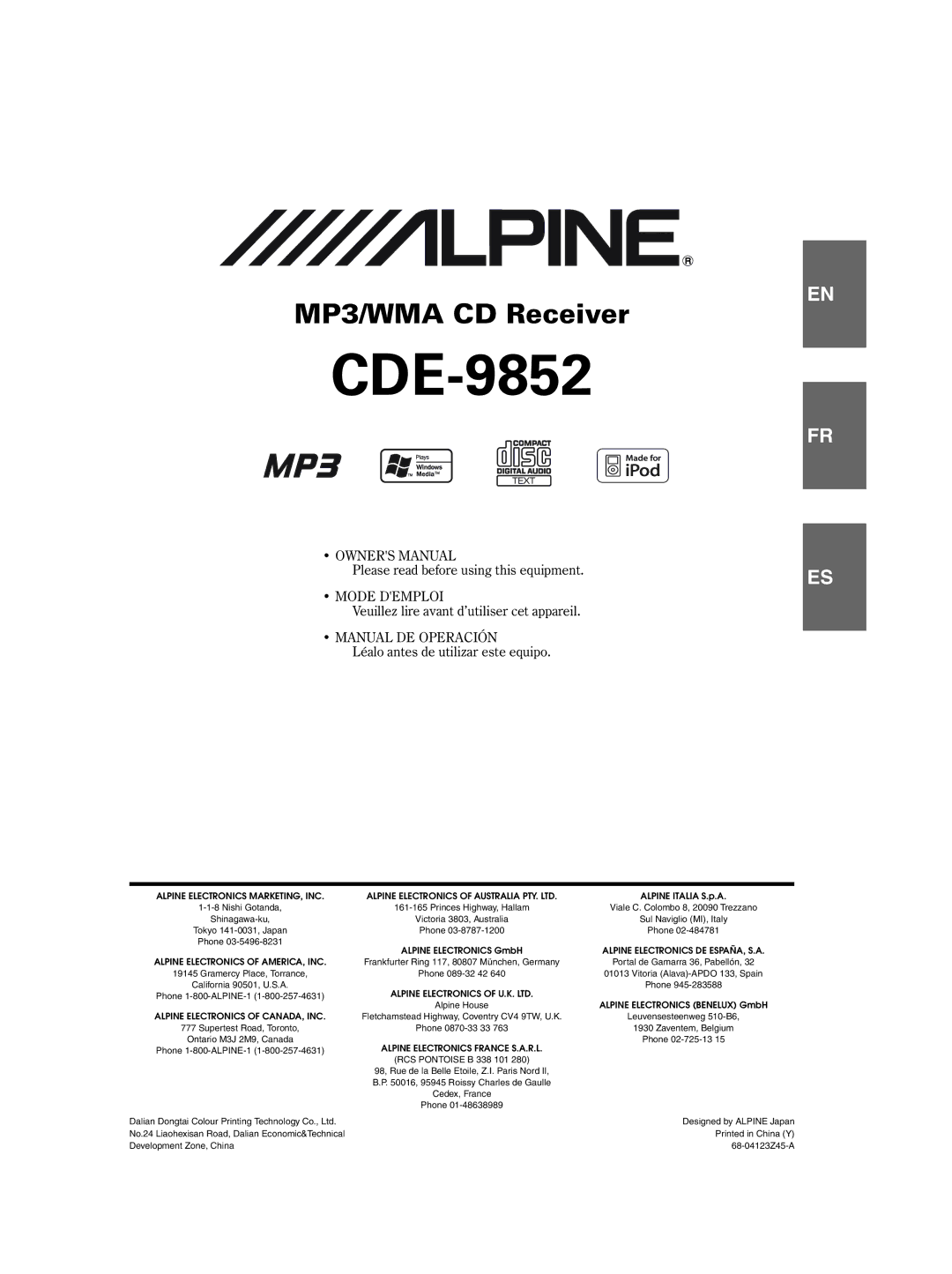 Alpine CDE-9852 owner manual 