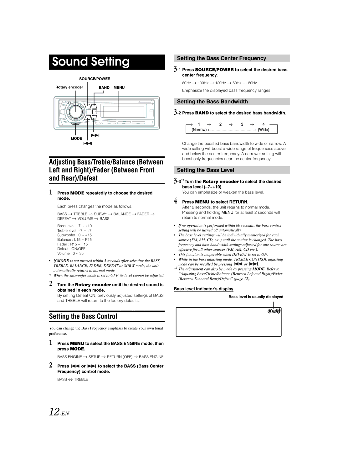 Alpine CDE-9852 owner manual Sound Setting, Left and Right/Fader Between Front Rear/Defeat, Setting the Bass Control 