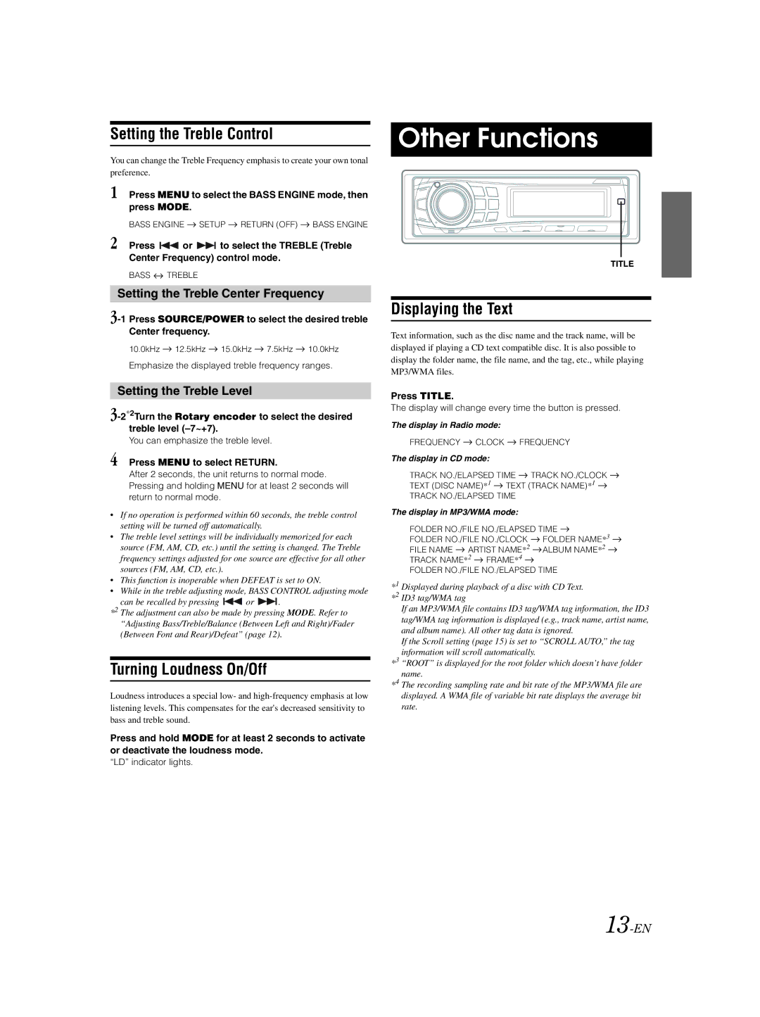 Alpine CDE-9852 owner manual Other Functions, Setting the Treble Control, Turning Loudness On/Off, Displaying the Text 