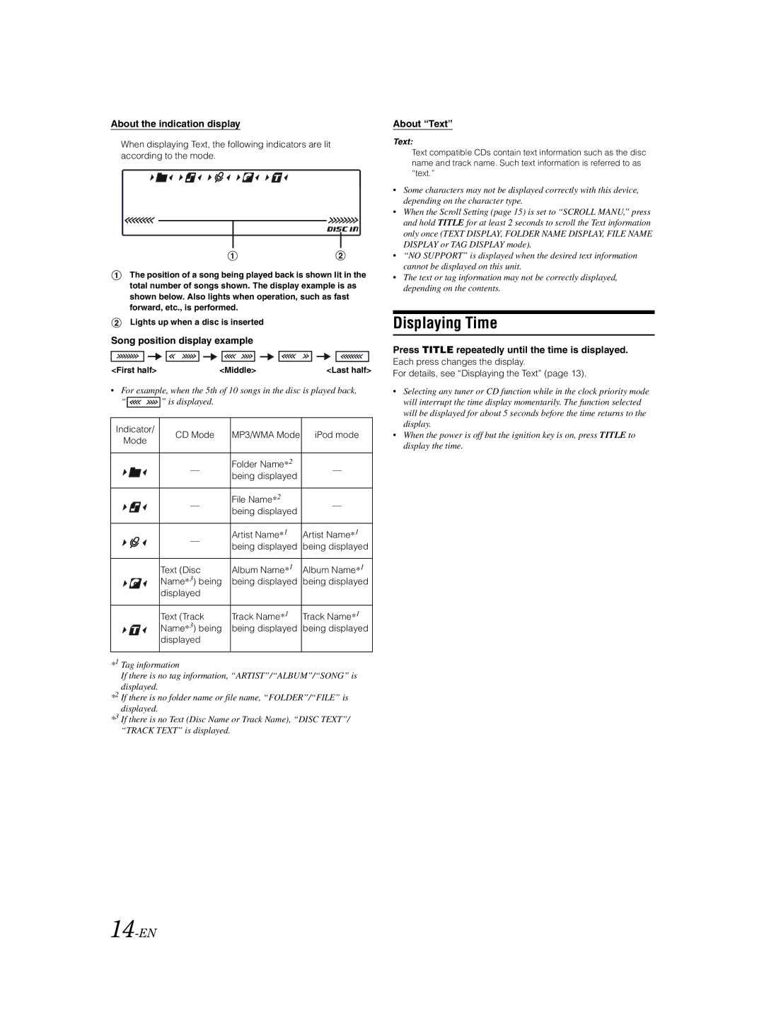 Alpine CDE-9852 owner manual Displaying Time, 14-EN 