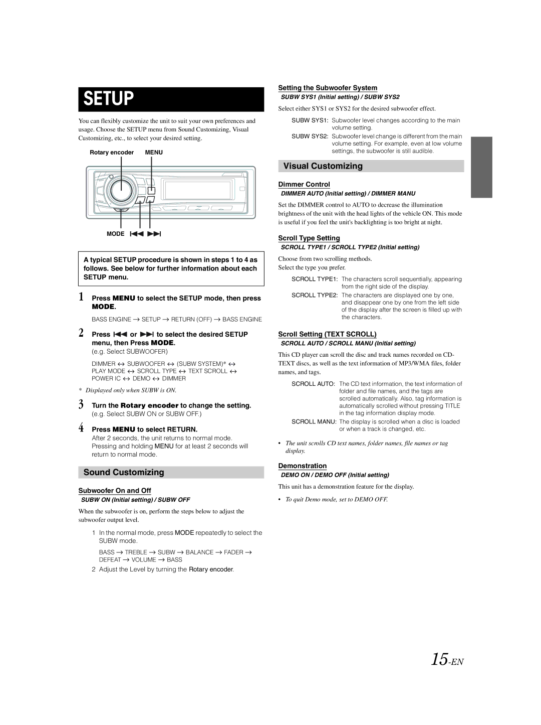 Alpine CDE-9852 owner manual Sound Customizing, Visual Customizing, 15-EN 