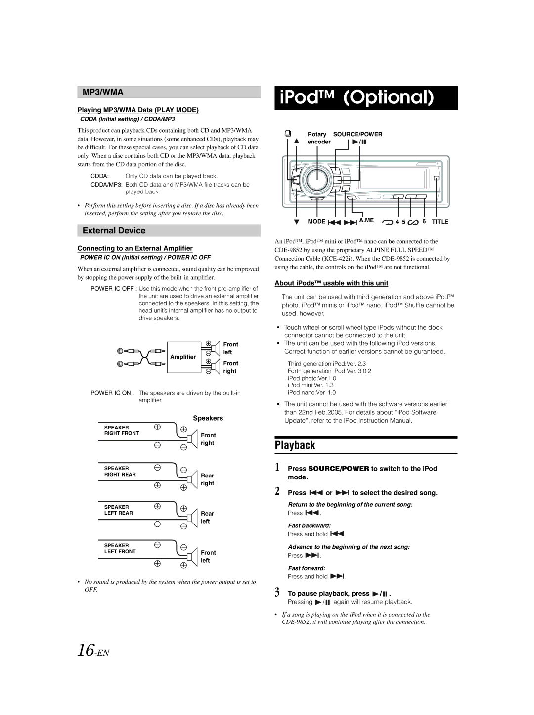 Alpine CDE-9852 owner manual IPod Optional, External Device, 16-EN 