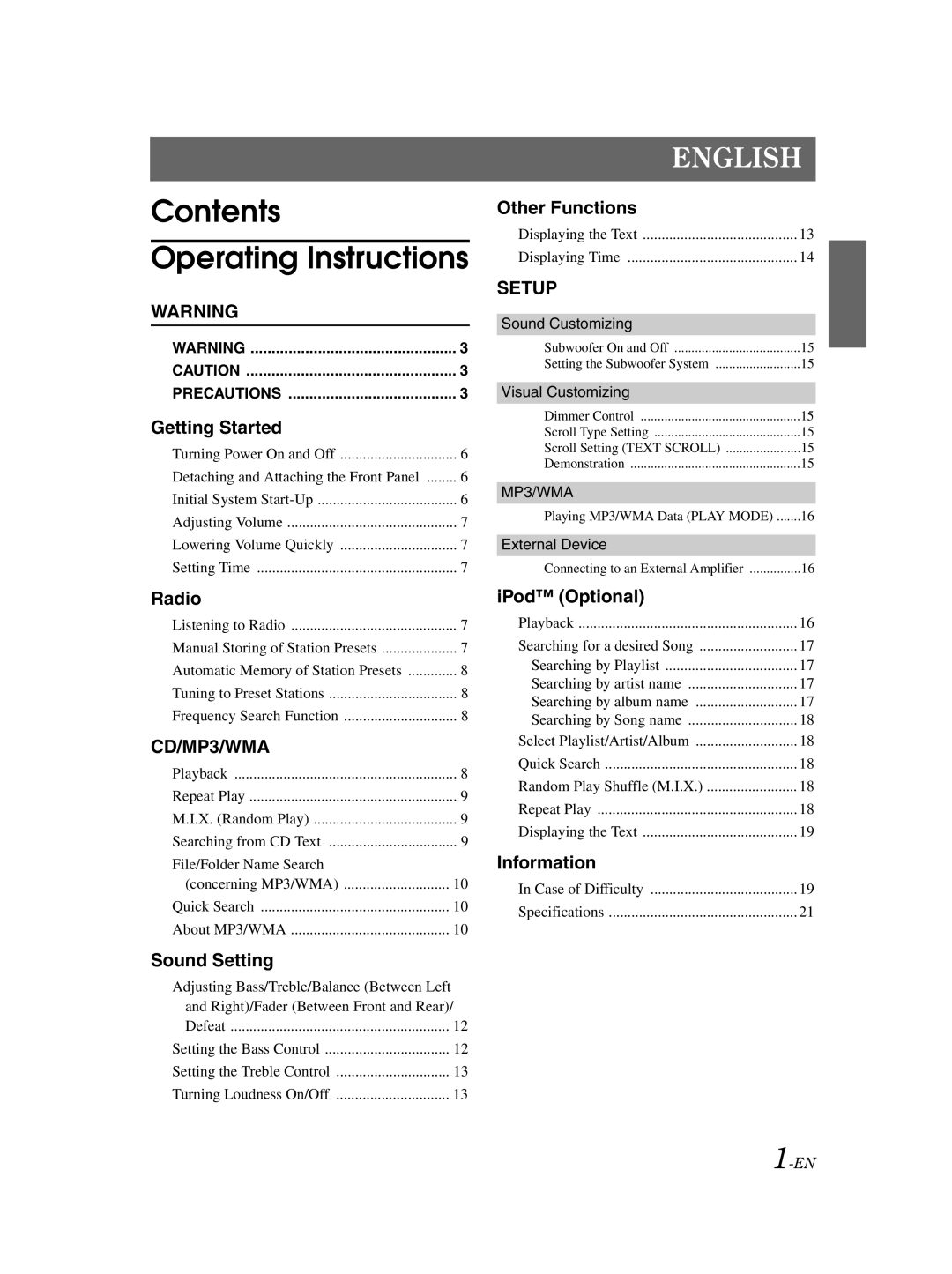 Alpine CDE-9852 owner manual Contents Operating Instructions 