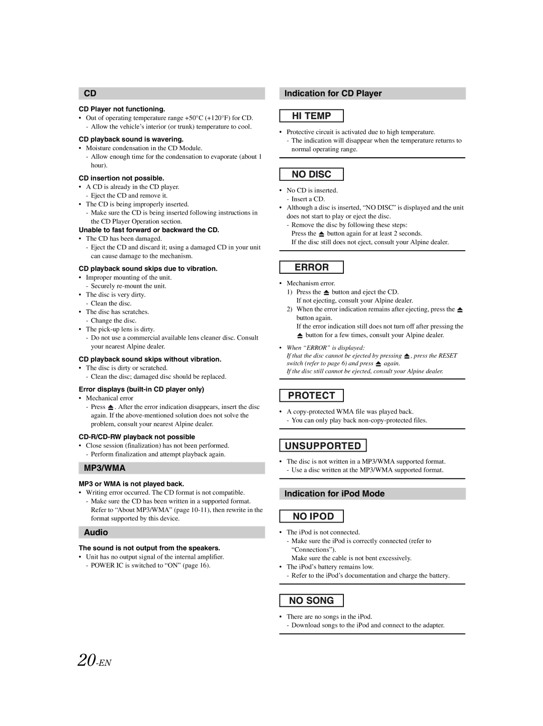 Alpine CDE-9852 owner manual Audio, Indication for CD Player, Indication for iPod Mode, 20-EN 