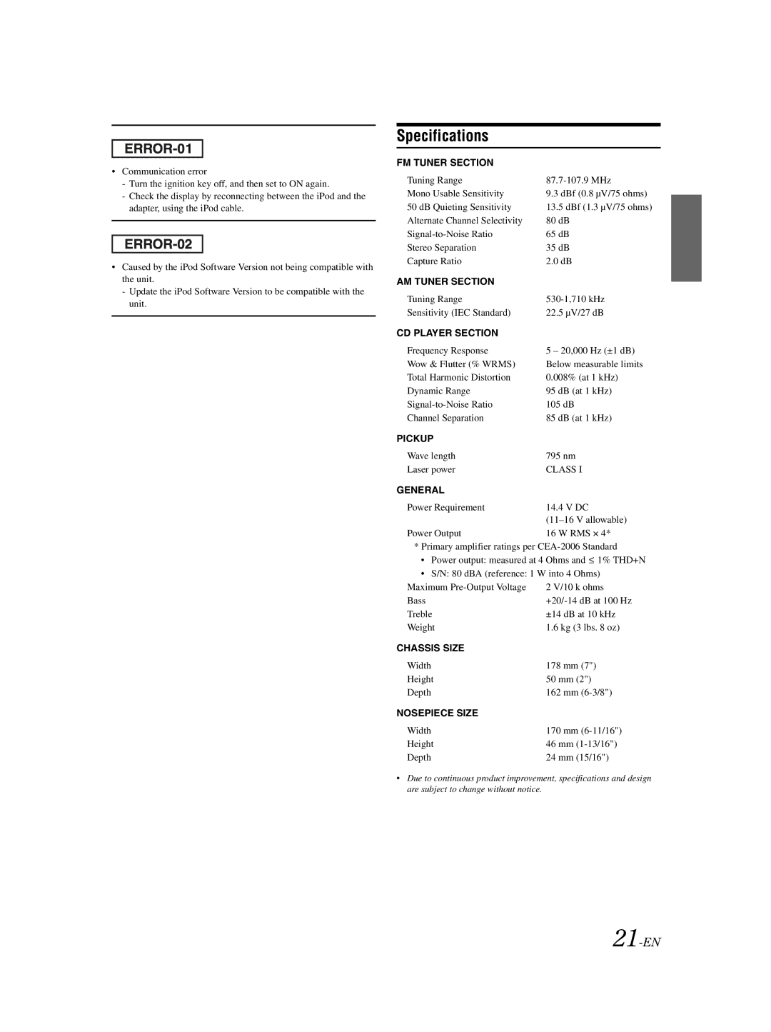 Alpine CDE-9852 owner manual Specifications, 21-EN 