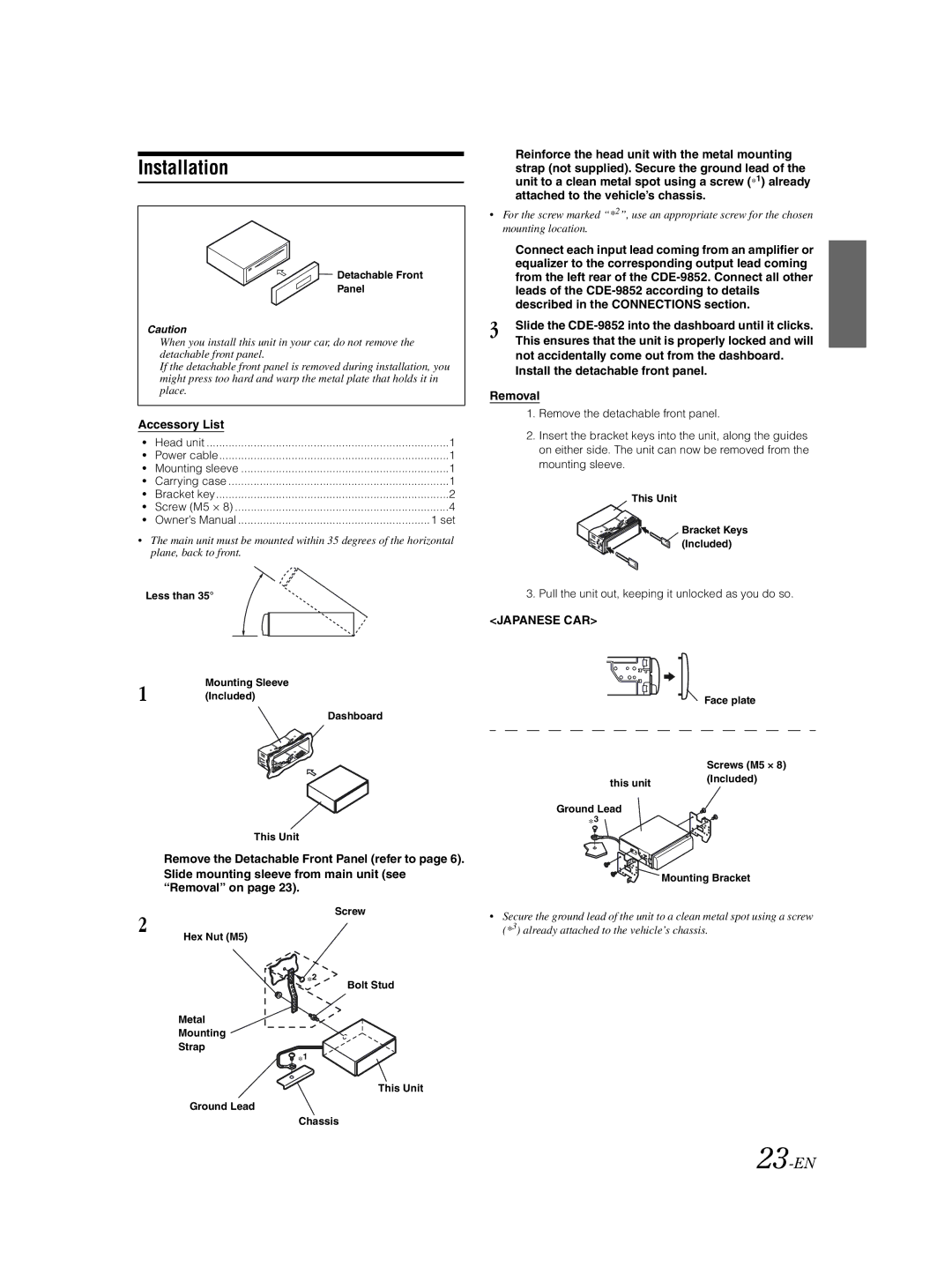 Alpine CDE-9852 owner manual Installation, 23-EN, Accessory List, Install the detachable front panel Removal 