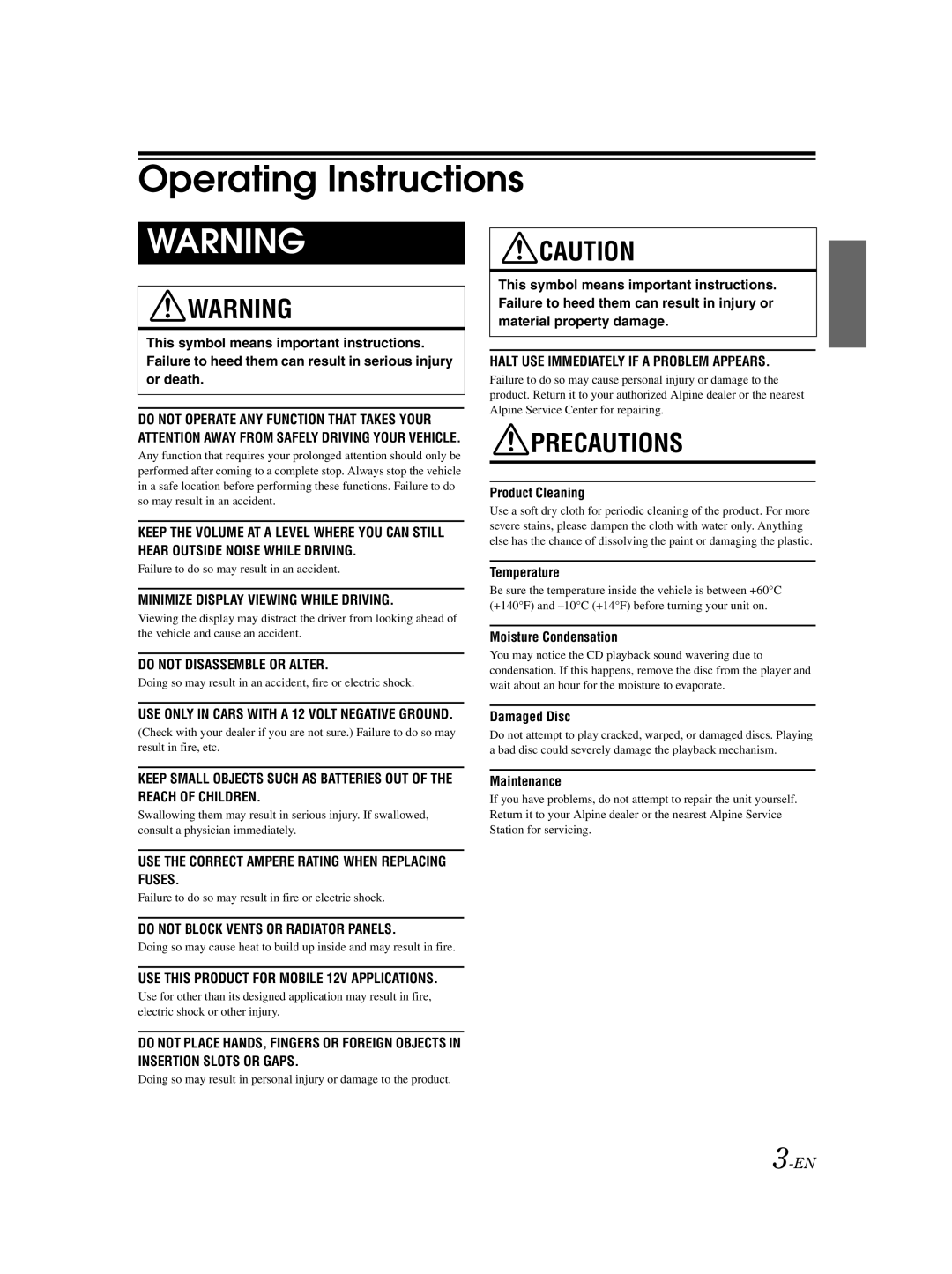 Alpine CDE-9852 owner manual Operating Instructions 