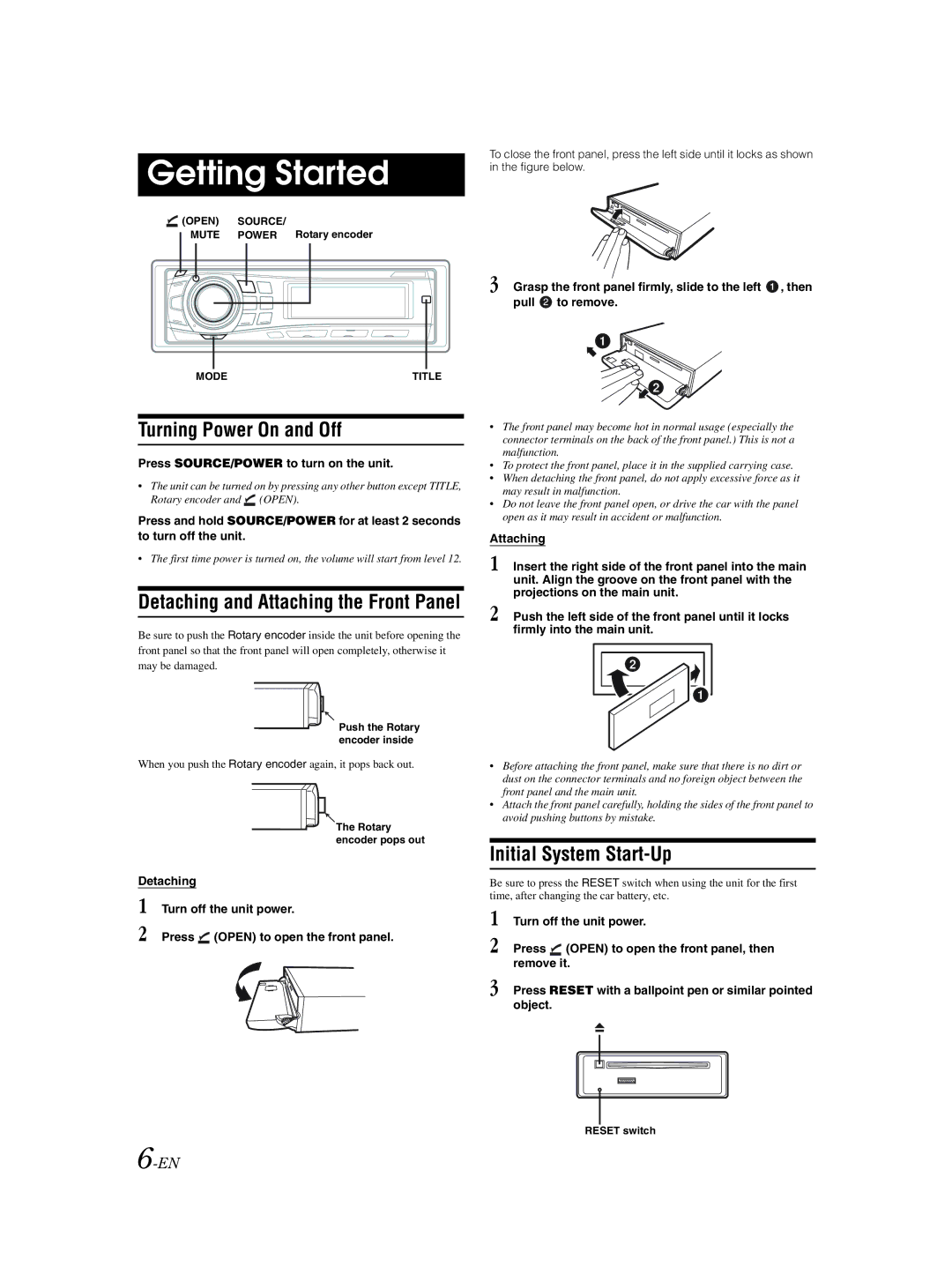 Alpine CDE-9852 Getting Started, Turning Power On and Off, Initial System Start-Up, Press SOURCE/POWER to turn on the unit 