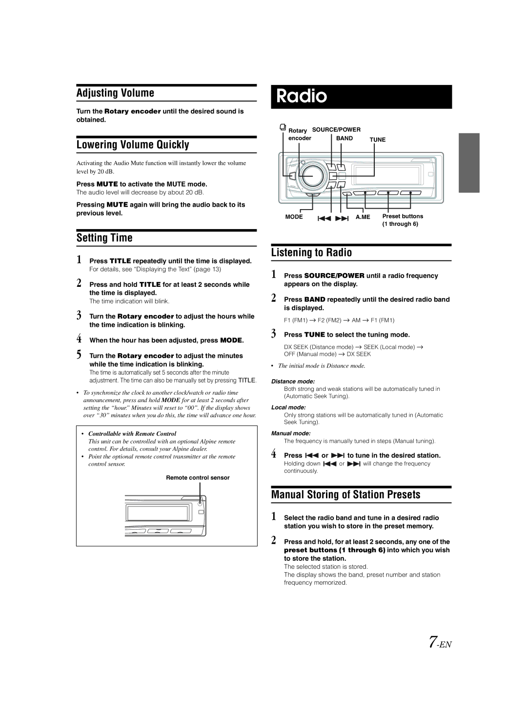 Alpine CDE-9852 Listening to Radio, Manual Storing of Station Presets, Press Tune to select the tuning mode 