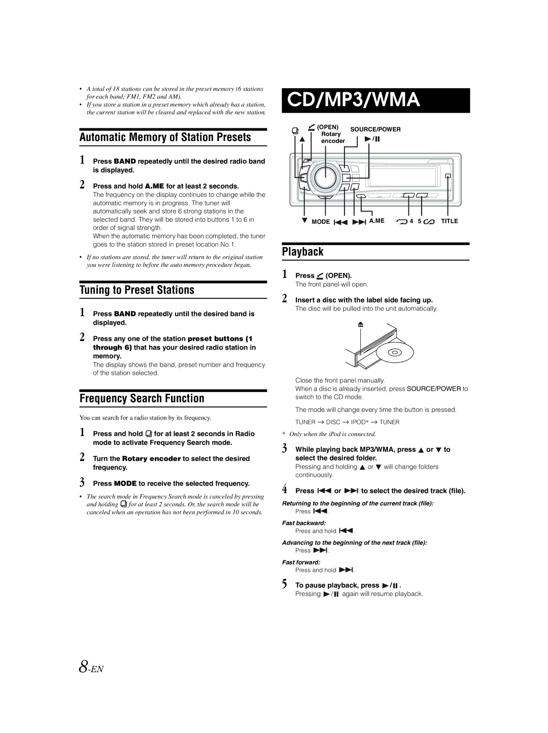 Alpine CDE-9852 Automatic Memory of Station Presets, Tuning to Preset Stations, Frequency Search Function, Playback 