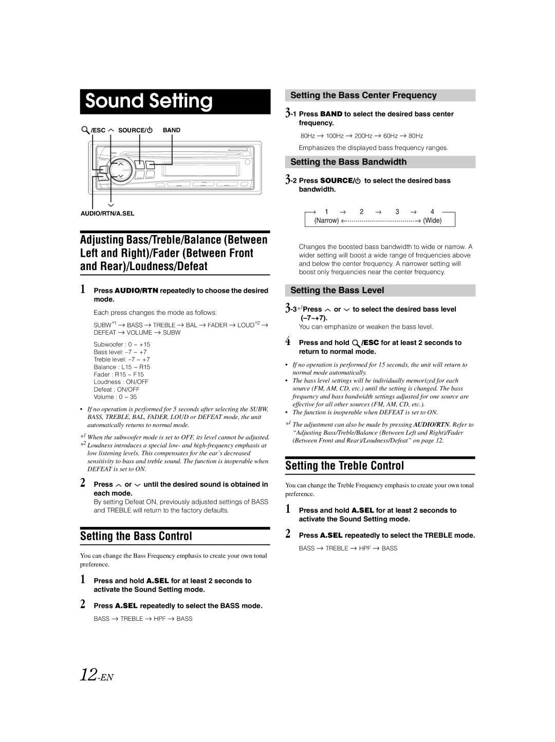 Alpine CDE-9870 Sound Setting, Left and Right/Fader Between Front Rear/Loudness/Defeat, Setting the Bass Control 