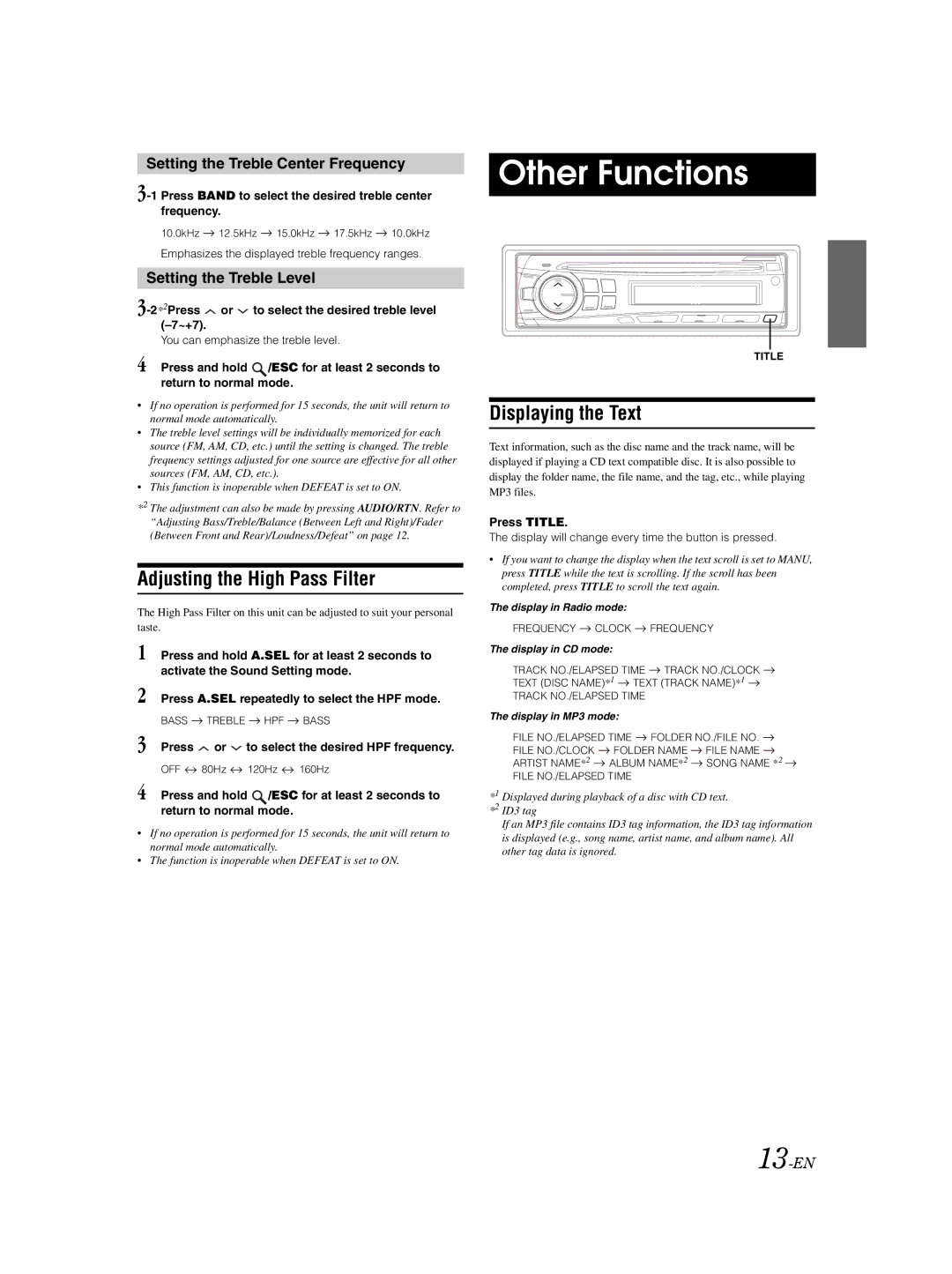 Alpine CDE-9870 Other Functions, Adjusting the High Pass Filter, Displaying the Text, Setting the Treble Center Frequency 