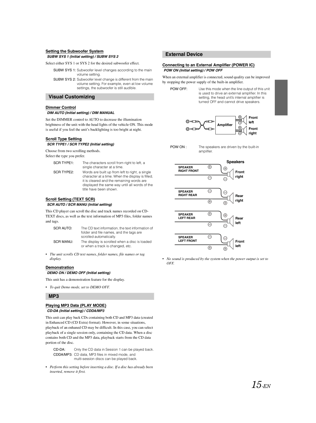 Alpine CDE-9870 owner manual Visual Customizing, External Device, 15-EN 