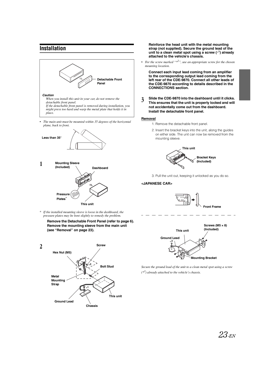 Alpine CDE-9870 Installation, 23-EN, Removal, Japanese CAR, Pull the unit out, keeping it unlocked as you do so 