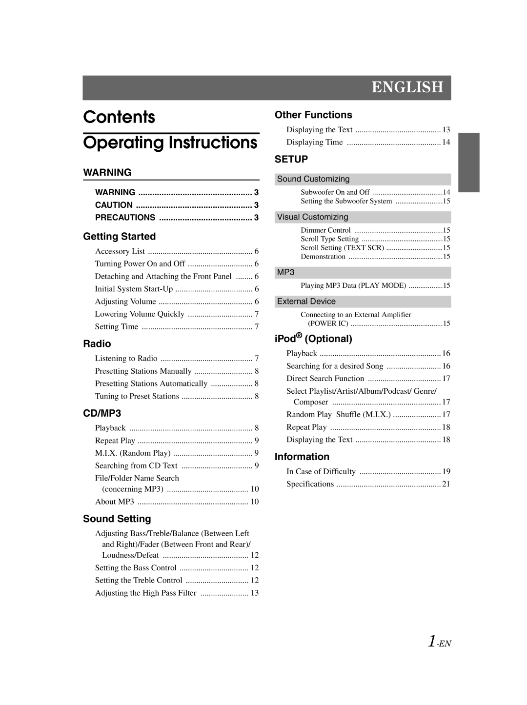 Alpine CDE-9870 owner manual Contents Operating Instructions 