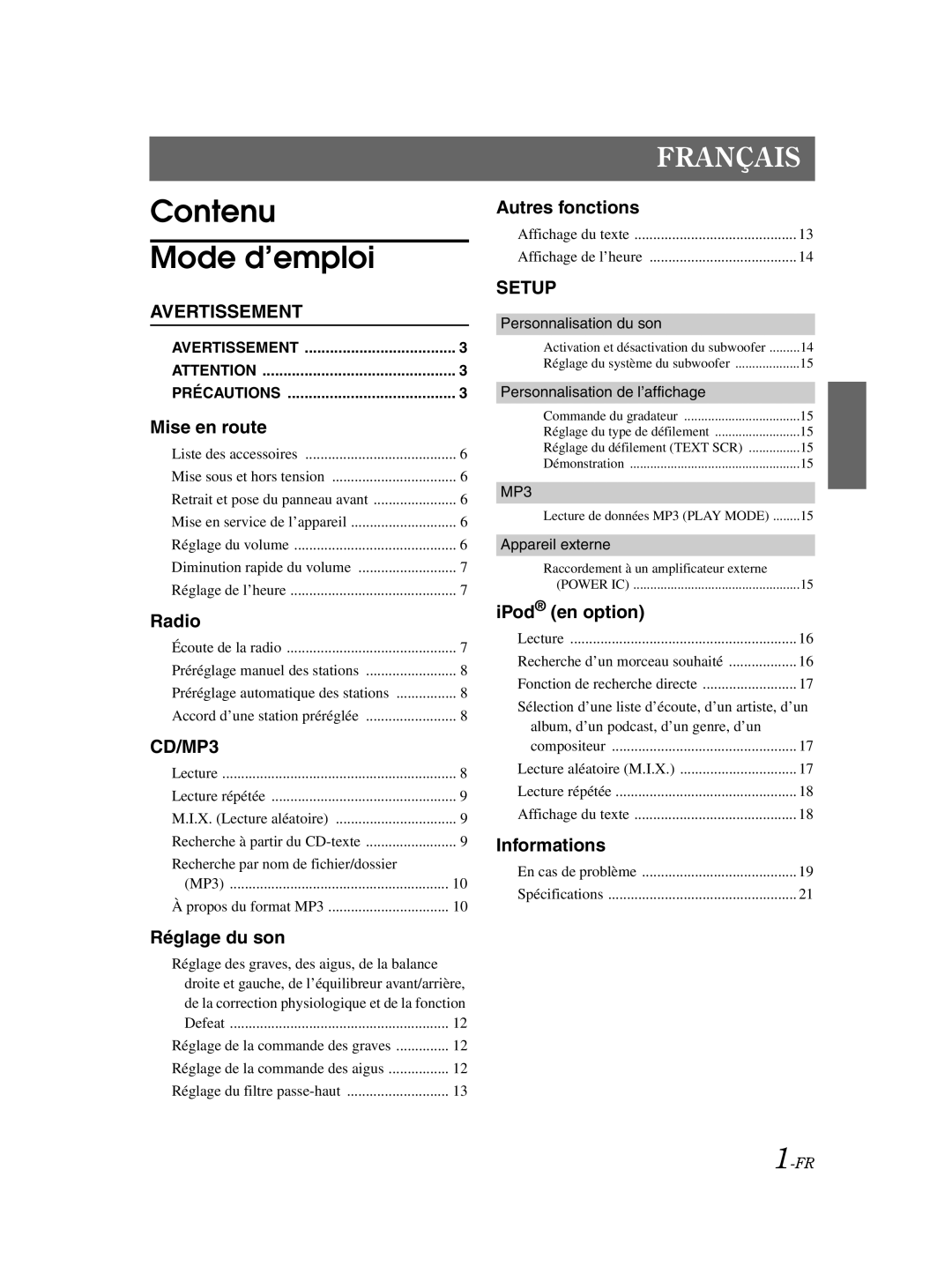 Alpine CDE-9870 owner manual Contenu Mode d’emploi 