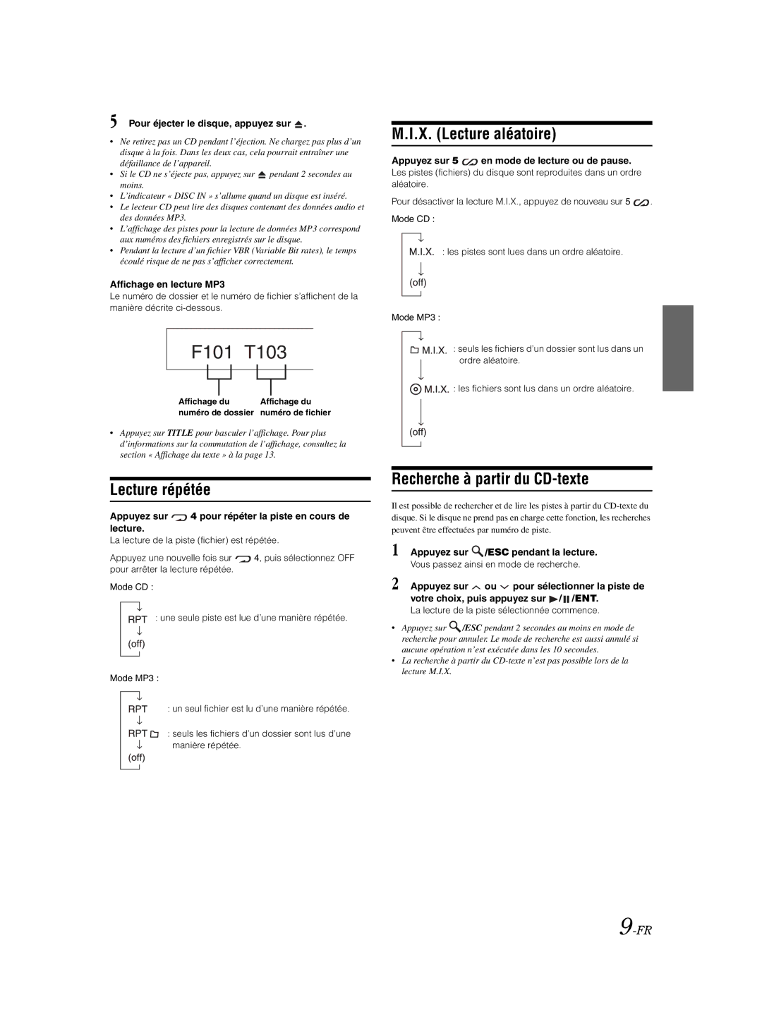 Alpine CDE-9870 owner manual Lecture répétée, X. Lecture aléatoire, Recherche à partir du CD-texte 