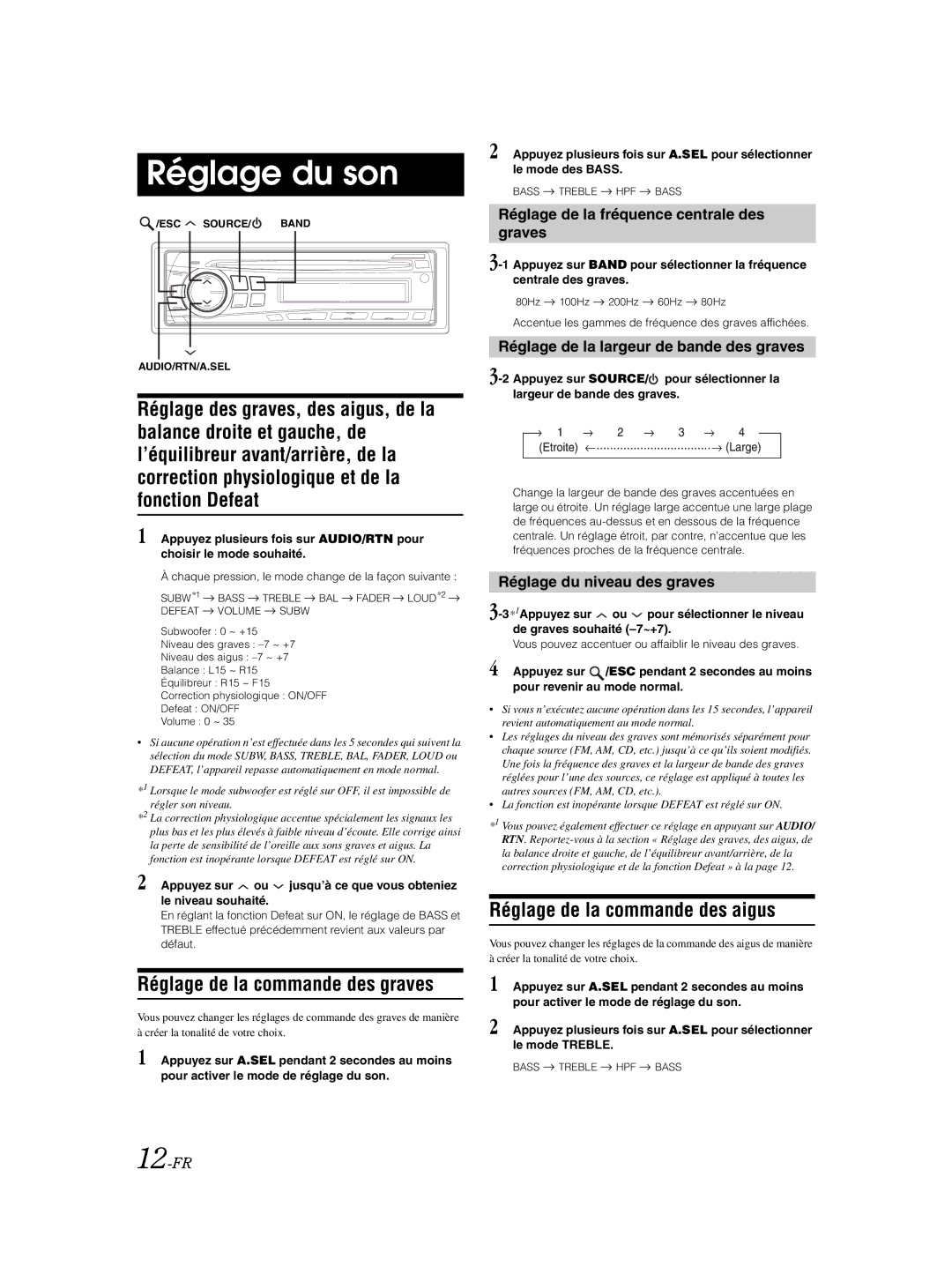 Alpine CDE-9870 owner manual Réglage du son, Réglage de la commande des graves, Réglage de la commande des aigus 