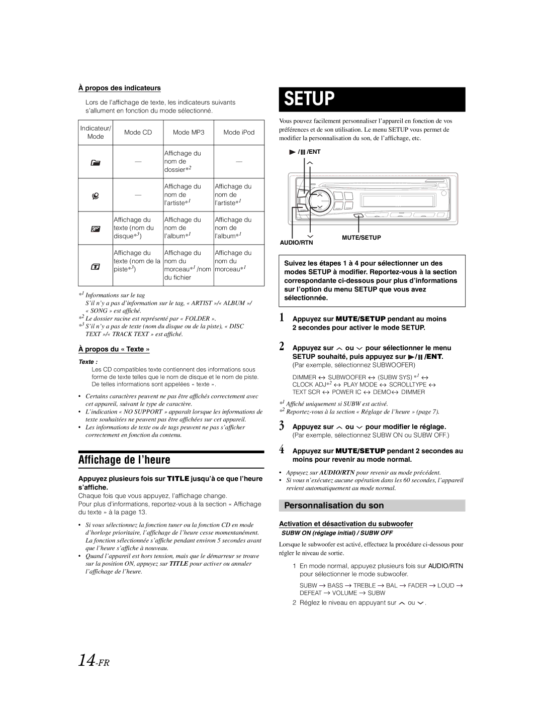 Alpine CDE-9870 owner manual Affichage de l’heure, Personnalisation du son, 14-FR 