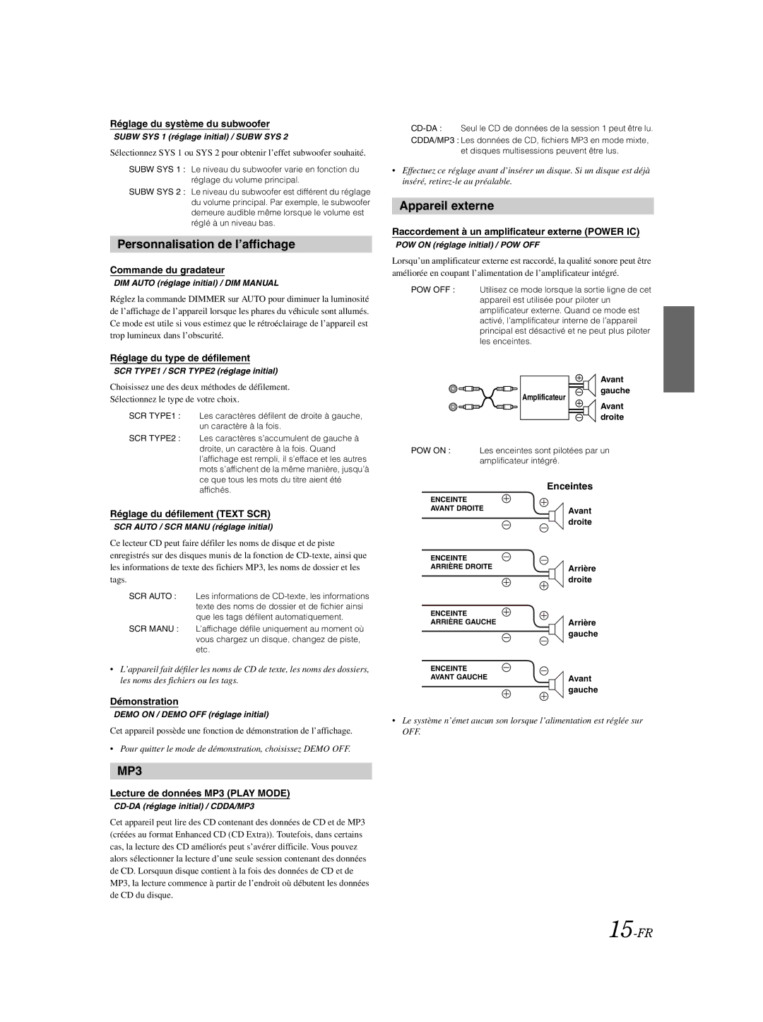 Alpine CDE-9870 owner manual Personnalisation de l’affichage, Appareil externe, 15-FR 