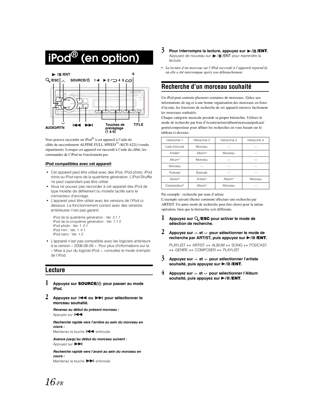 Alpine CDE-9870 owner manual IPod en option, Recherche d’un morceau souhaité, 16-FR, Ent 