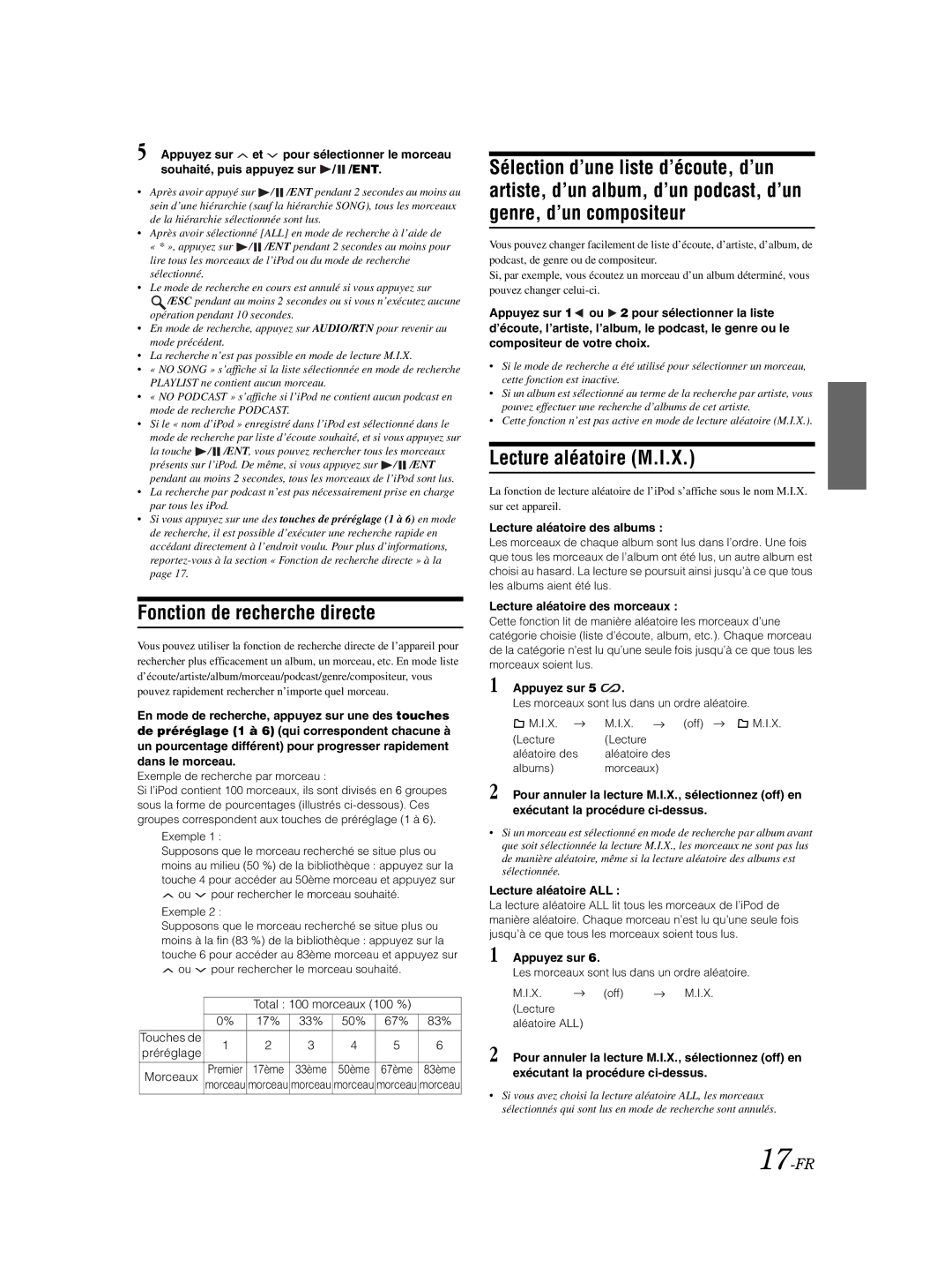 Alpine CDE-9870 owner manual Fonction de recherche directe, Lecture aléatoire M.I.X, 17-FR 