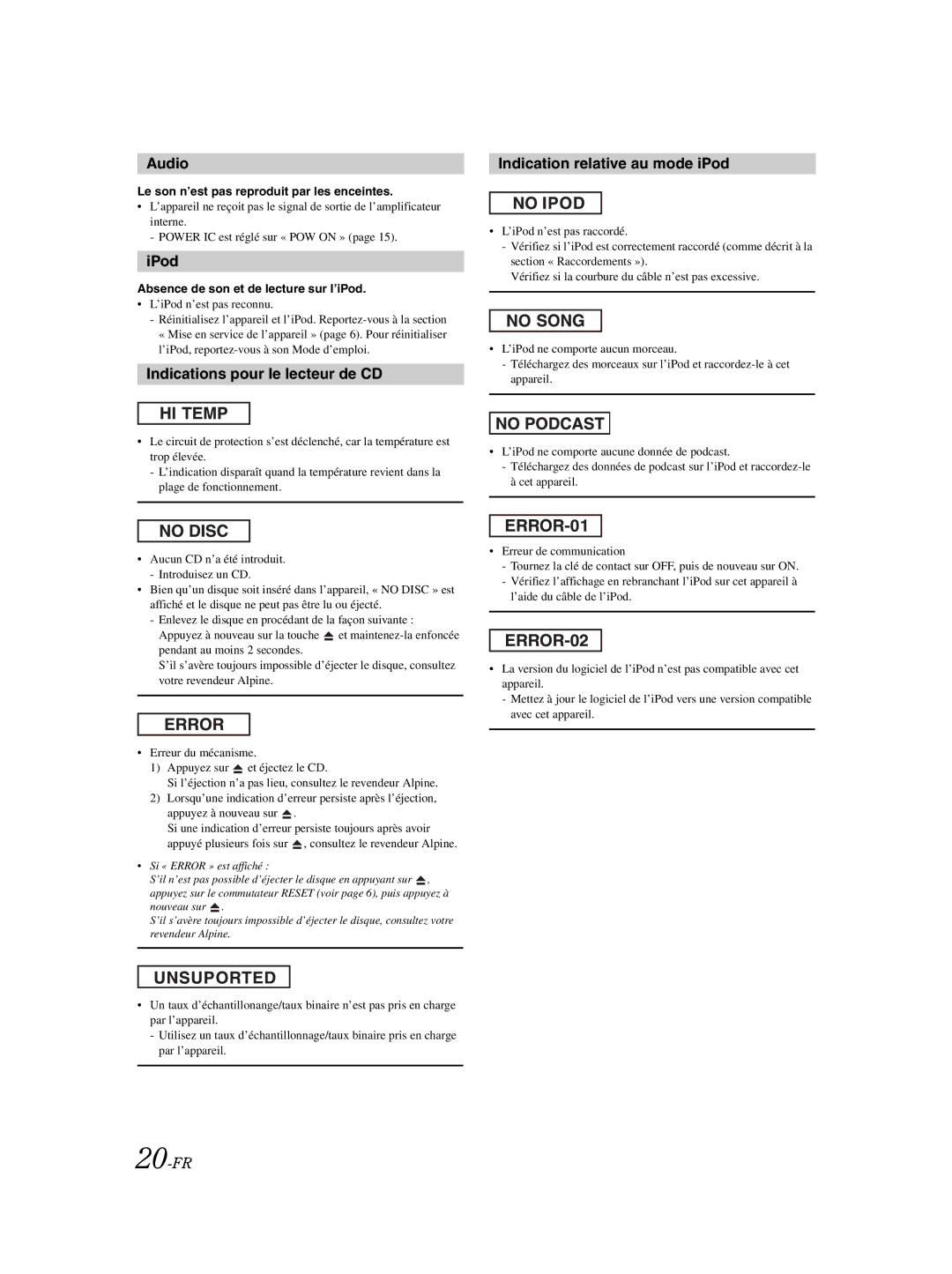 Alpine CDE-9870 owner manual Indications pour le lecteur de CD, Indication relative au mode iPod, 20-FR 