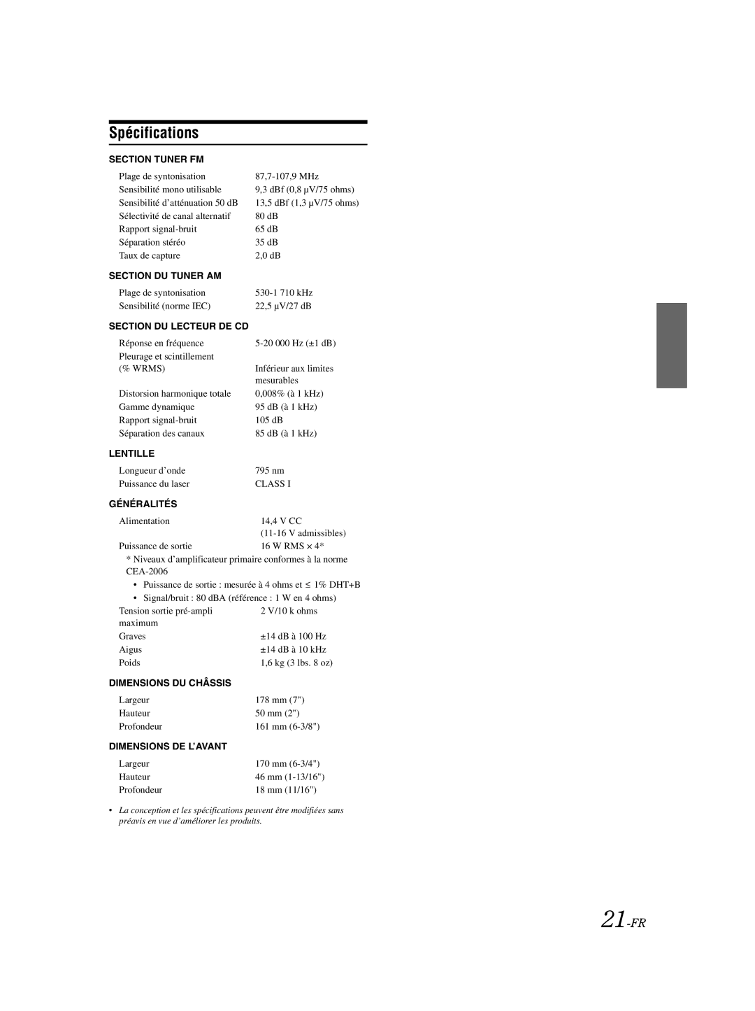 Alpine CDE-9870 owner manual Spécifications, 21-FR 