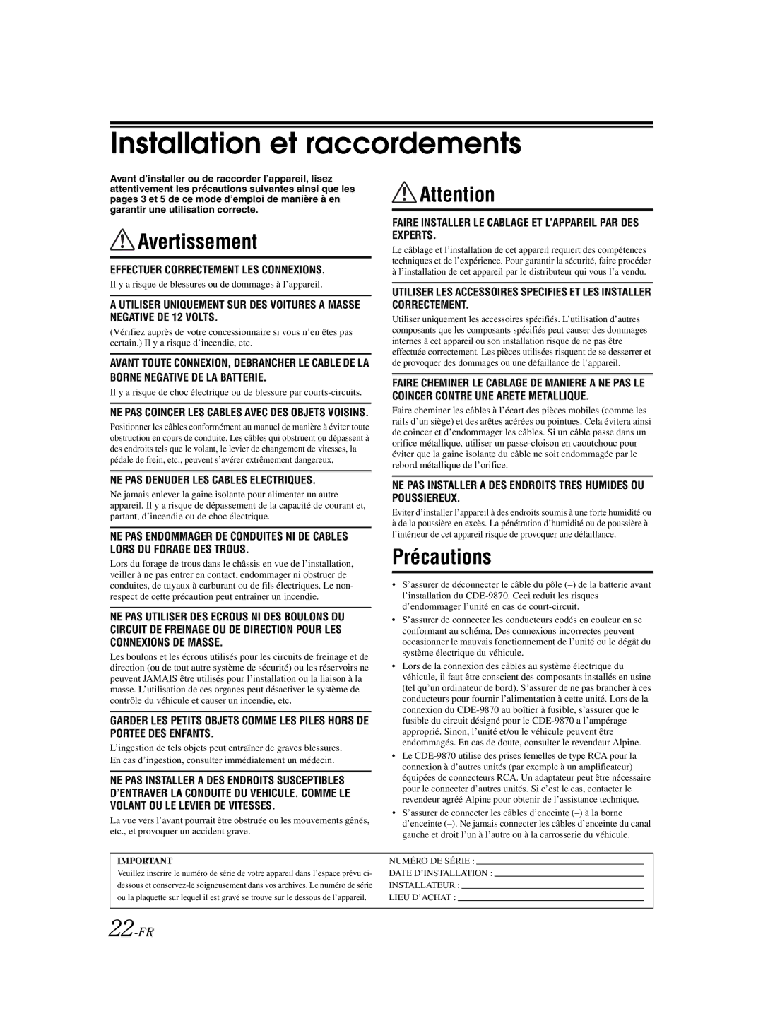 Alpine CDE-9870 owner manual 22-FR, NE PAS Coincer LES Cables Avec DES Objets Voisins 