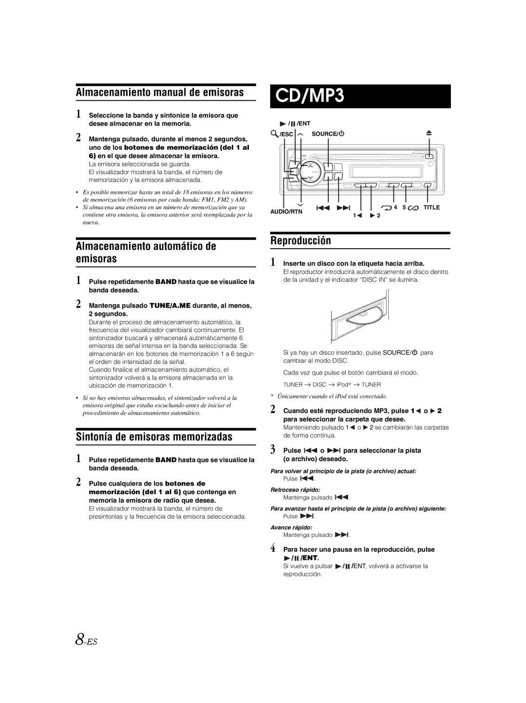 Alpine CDE-9870 Almacenamiento manual de emisoras, Almacenamiento automático de emisoras, Sintonía de emisoras memorizadas 