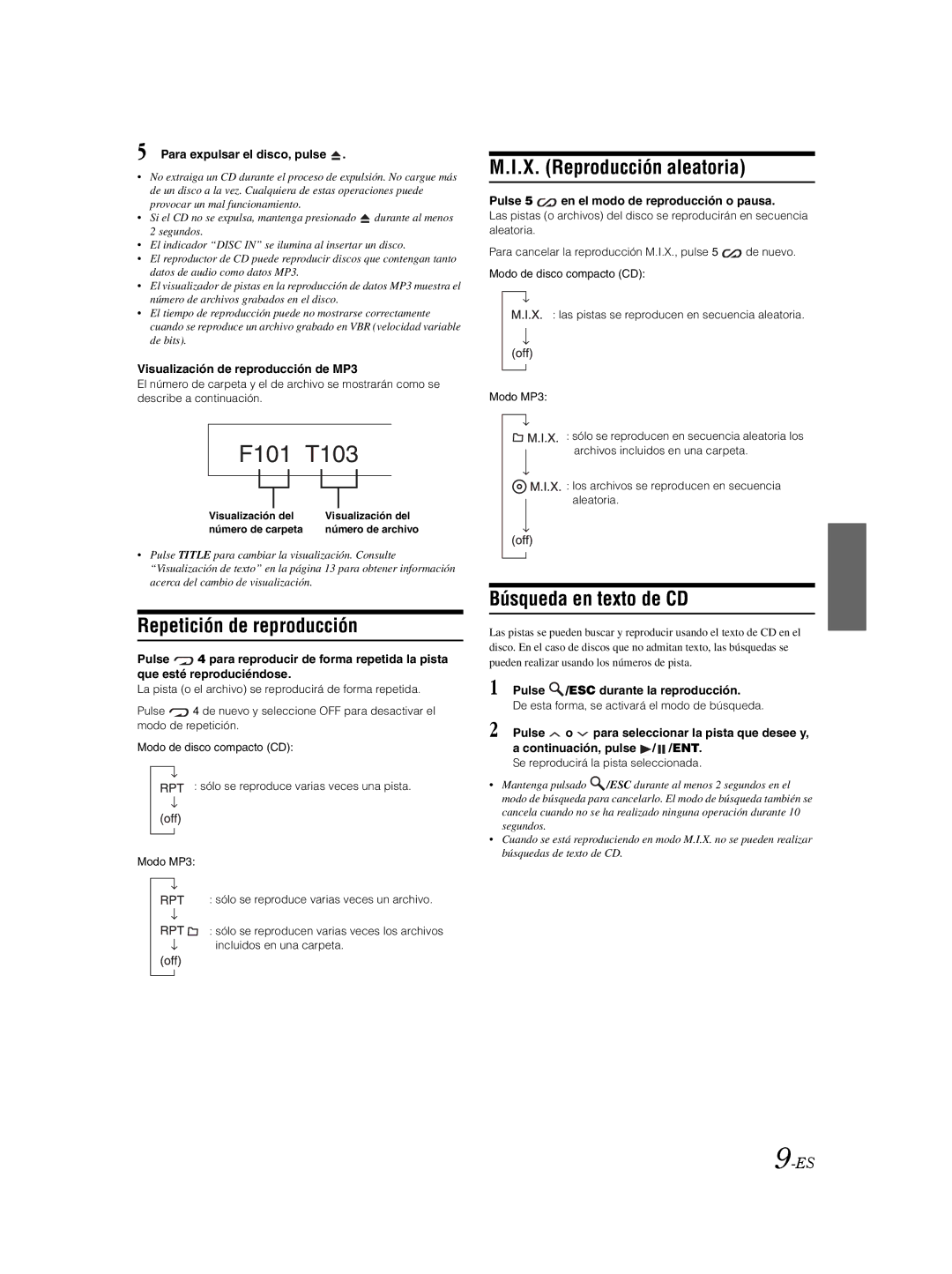 Alpine CDE-9870 owner manual Repetición de reproducción, X. Reproducción aleatoria, Búsqueda en texto de CD 