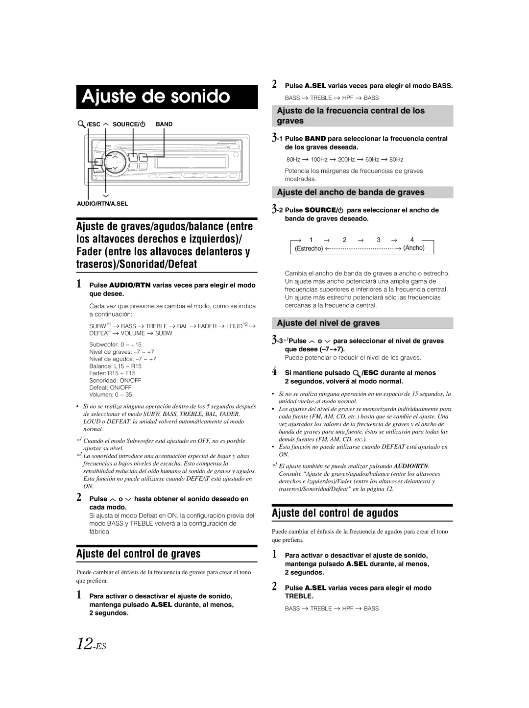 Alpine CDE-9870 owner manual Ajuste de sonido, Ajuste del control de graves, Ajuste del control de agudos 