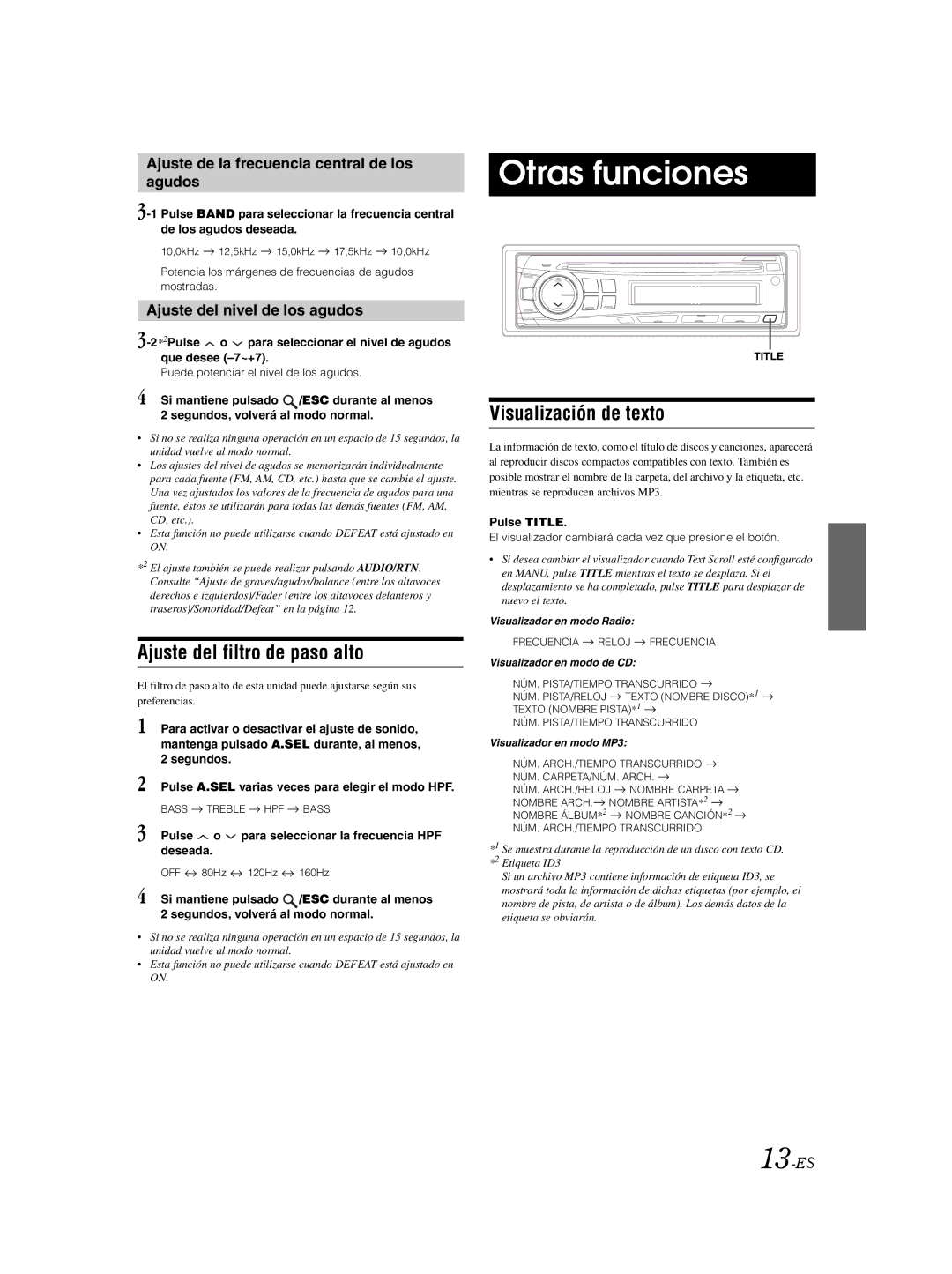 Alpine CDE-9870 Otras funciones, Ajuste del filtro de paso alto, Visualización de texto, Ajuste del nivel de los agudos 