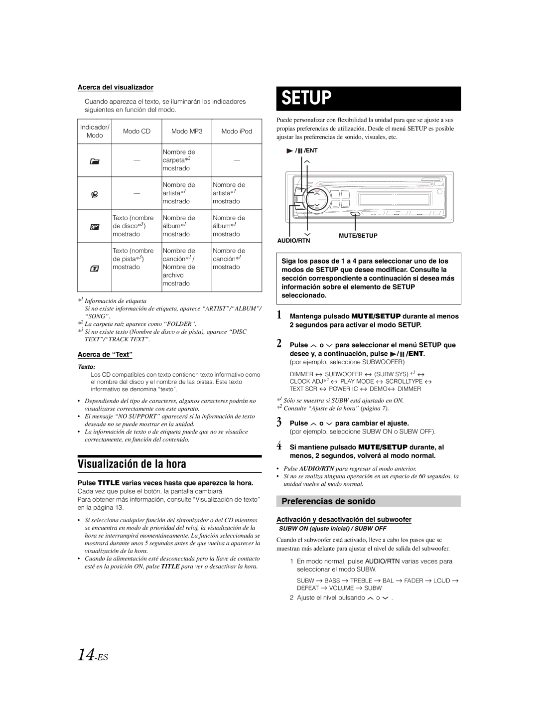 Alpine CDE-9870 owner manual Visualización de la hora, Preferencias de sonido, 14-ES 