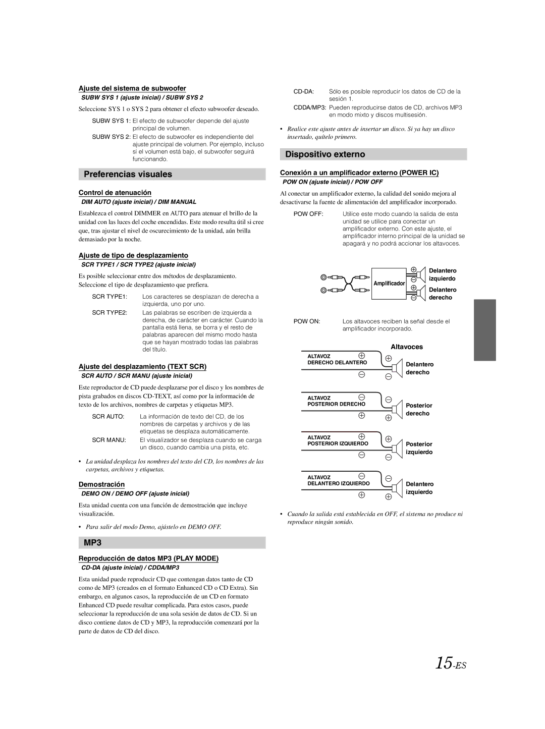 Alpine CDE-9870 owner manual Preferencias visuales, Dispositivo externo, 15-ES 